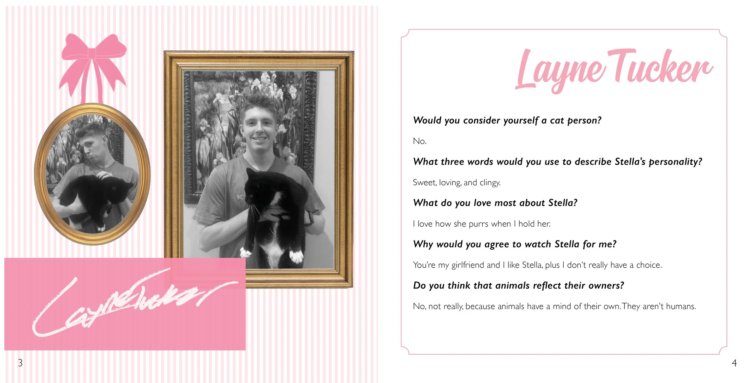 Interior book page featuring interview questions and answers about Stella the cat, set in a pink, floral layout.