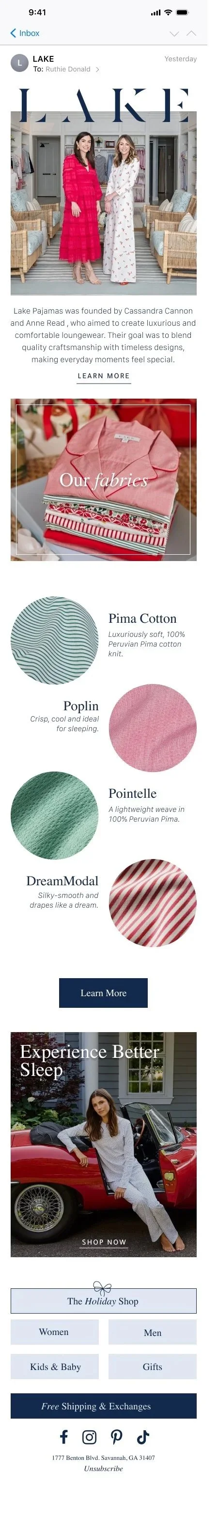 Email drip campaign design for LAKE Pajamas featuring lifestyle imagery, product highlights, and seasonal promotions.