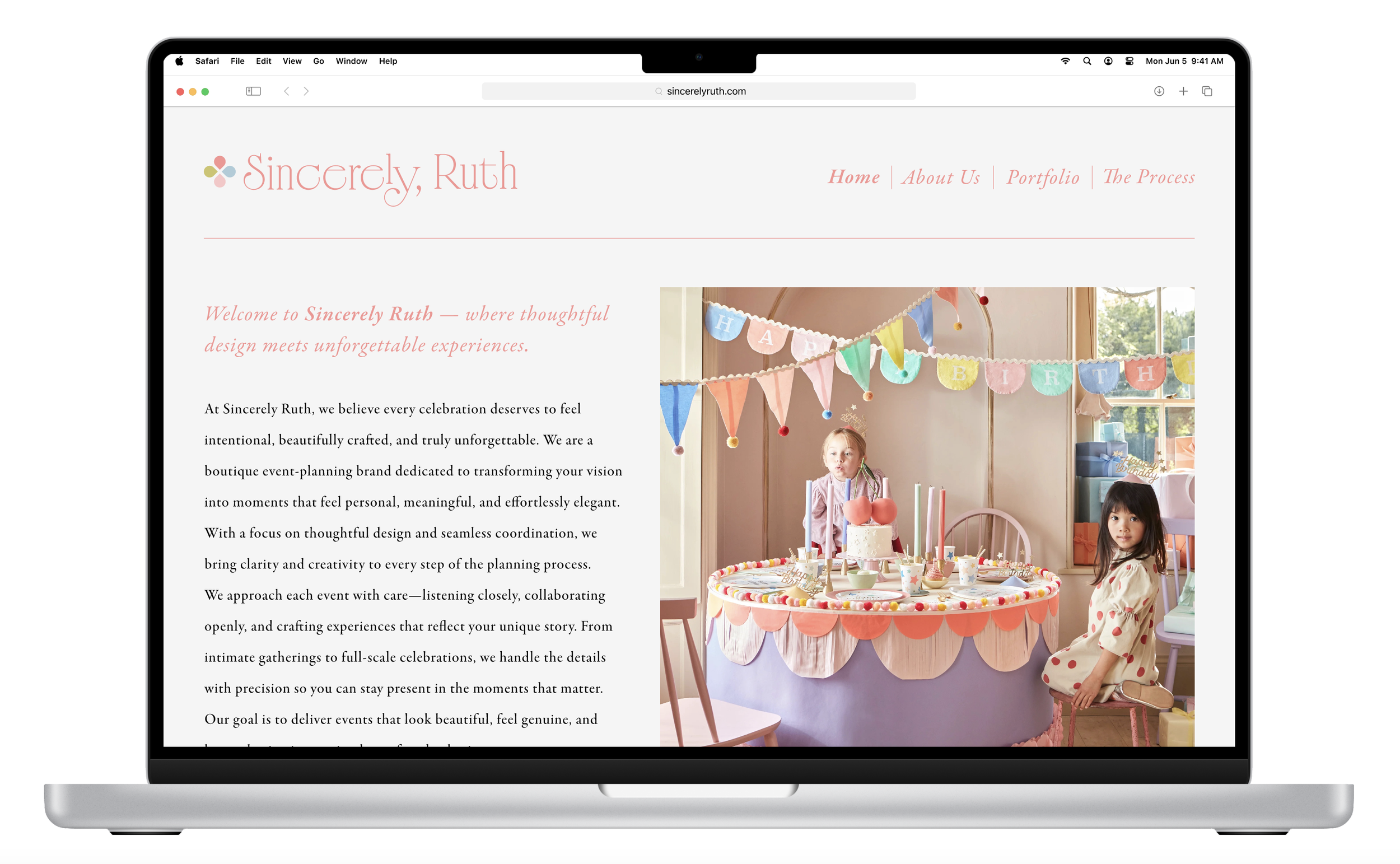Website mockup design for Sincerely, Ruth, an event styling and party planning brand, featuring homepage, portfolio layout, and cohesive brand visuals.