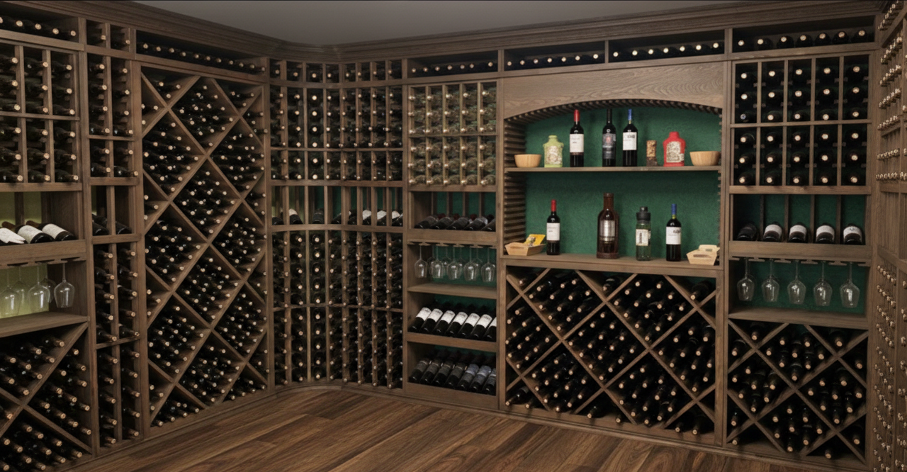 Home wine cellar with wooden shelves filled with wine bottles and glasses, and a small display of liquor bottles on a green background