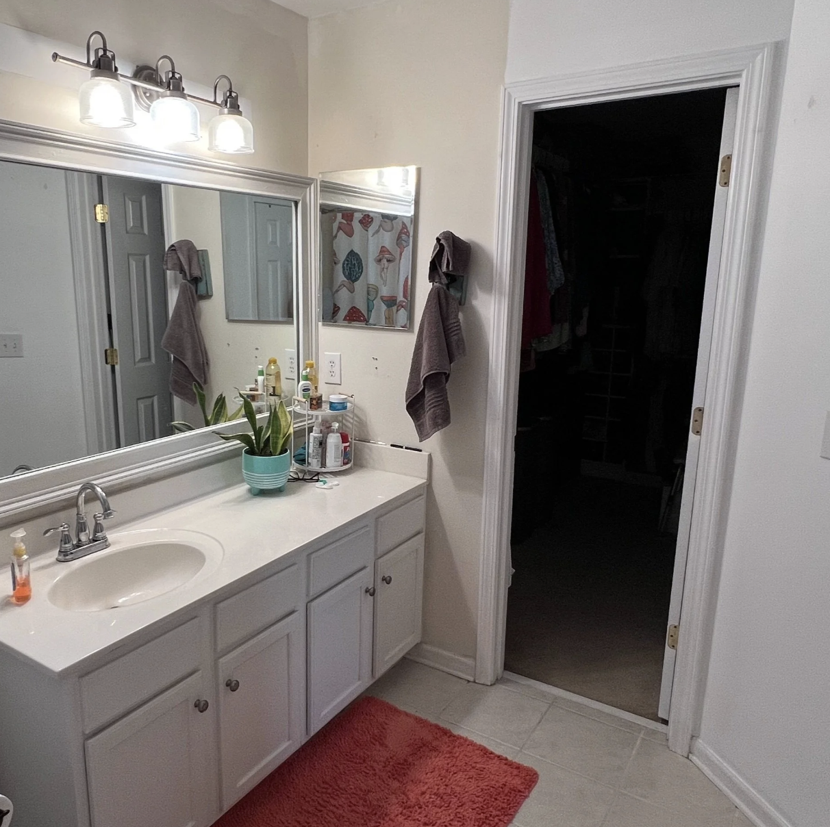 Bathroom with white vanity, large mirror, gray towels, potted plant, toiletries, light fixture above mirror, red bath mat, open closet with clothing inside, and reflective surfaces.