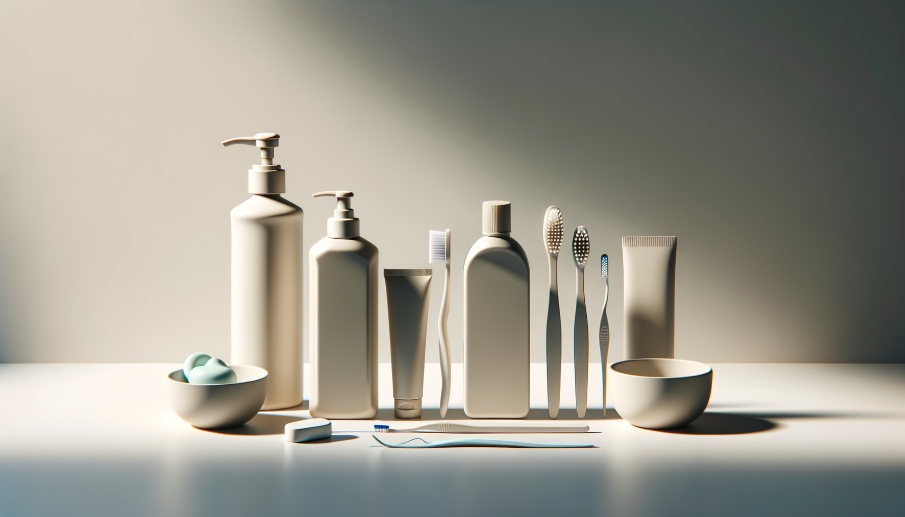 Collection de produits de soin bucco-dentaire, incluant deux bouteilles de liquide, une tube de pâte dentifrice, une brosse à dents électrique, deux brosses à dents manuelles, un flacon de bain de bouche, deux bols avec des lingettes et un support pour brosses à dents.