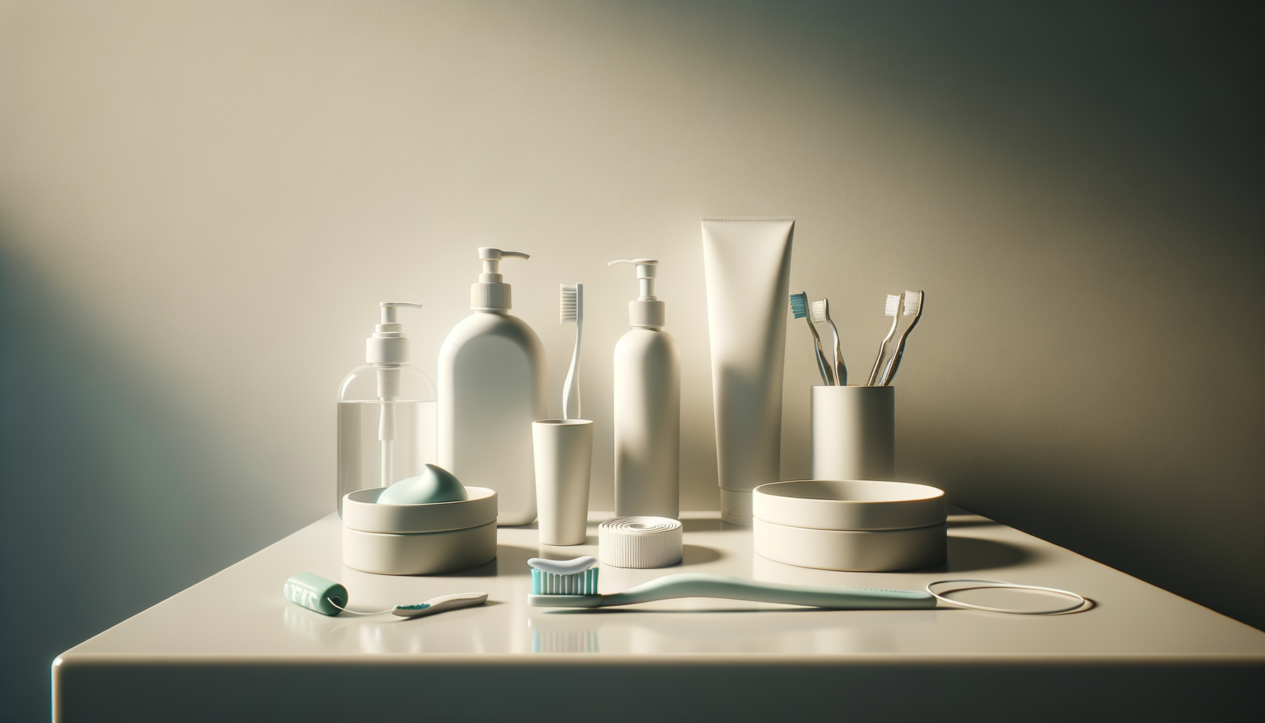 Collection de produits de soins bucco-dentaires, y compris brosses à dents, dentifrice, bain de bouche et accessoires sur une surface claire.