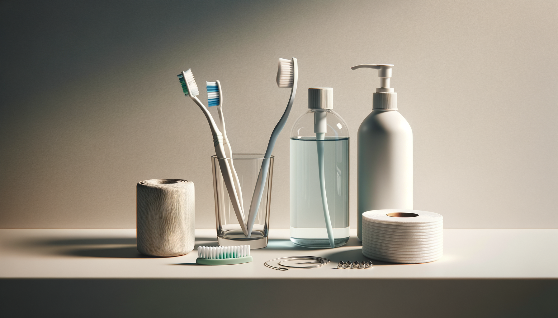 Collection de produits d'hygiène dentaire et de papier toilette sur une surface blanche avec un fond neutre.