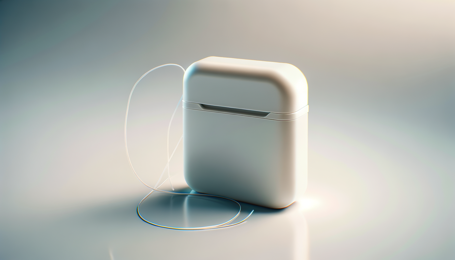 Une boîte blanche d'apparence élégante, probablement des écouteurs sans fil ou une petite enceinte, posée sur une surface claire avec une lumière douce et diffuse.