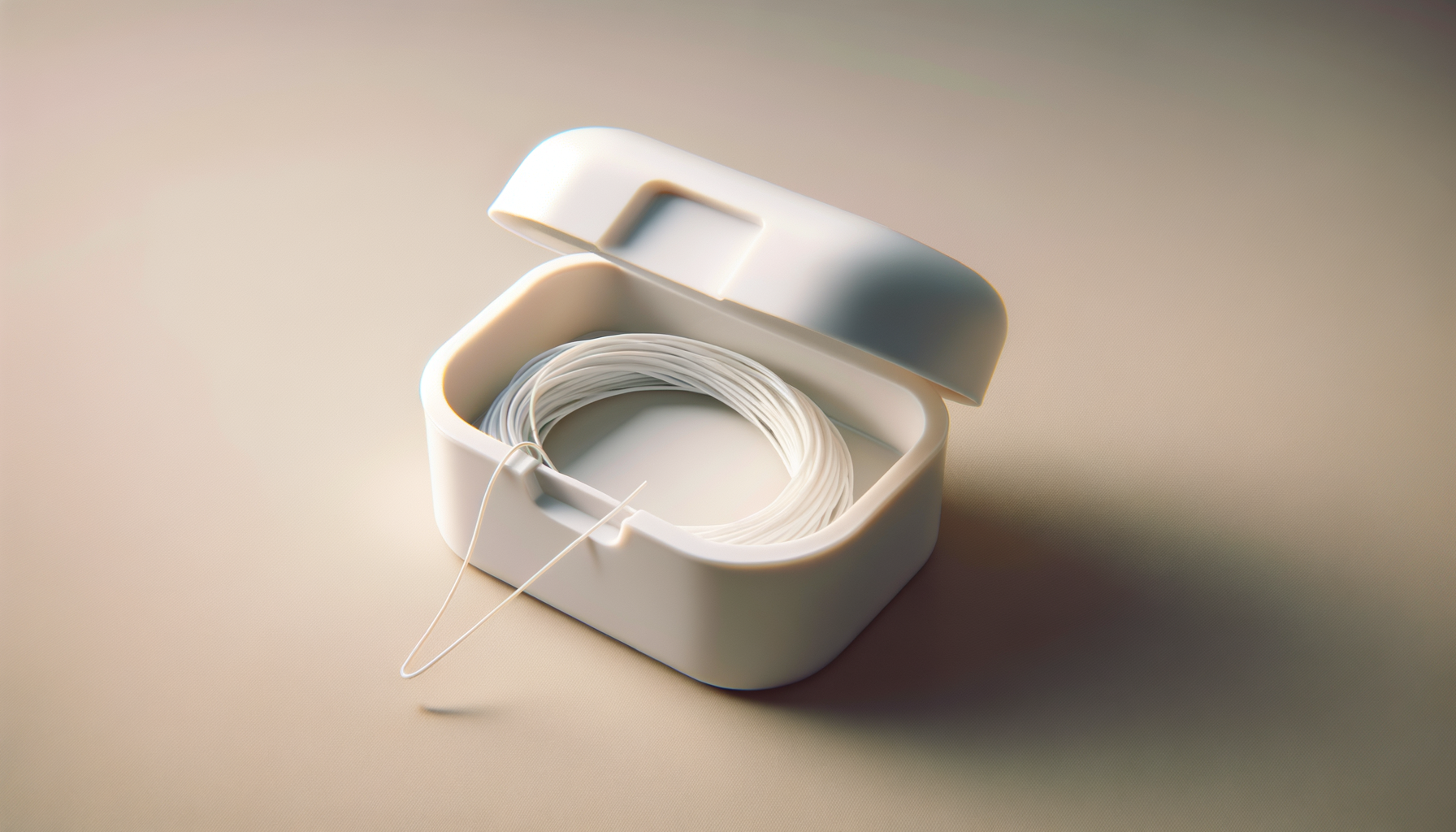 Une boîte blanche contenant une bobine de fil blanc, avec le couvercle légèrement ouvert, sur un fond clair et neutre.