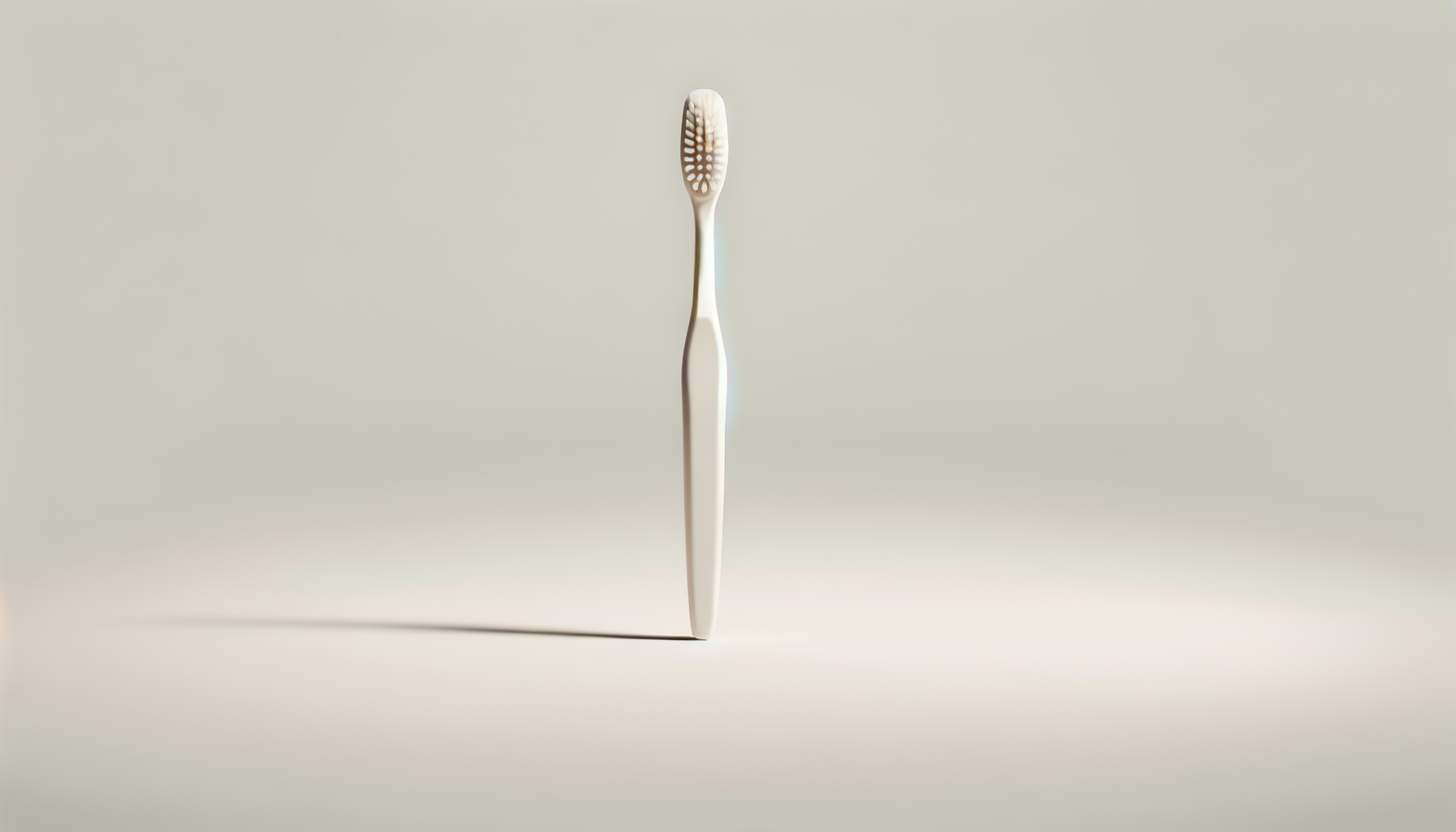 Une brosse à dents blanche posée verticalement sur une surface claire avec un fond neutre.
