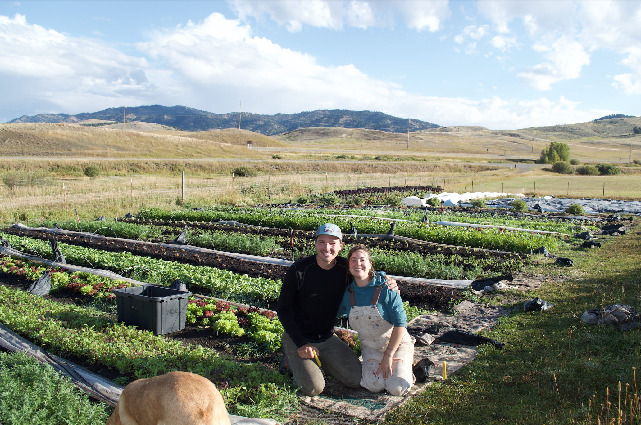 Two farmers smiling and posing in a vegetable garden with rows of crops, such as lettuce and herbs, and rolling hills in the background.