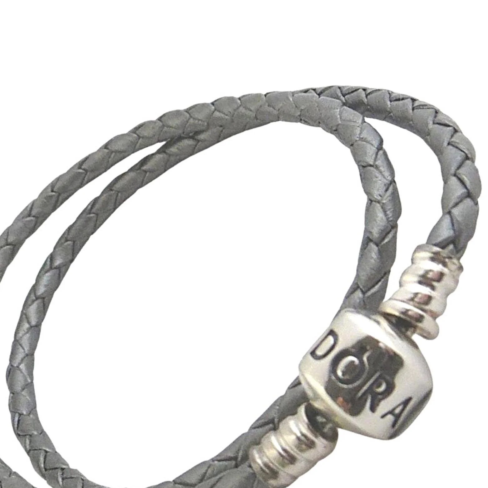 Pandora Braided Leather Silver Grey Double Wrap Charm Bracelet Size 15.1" 590705CGY-D