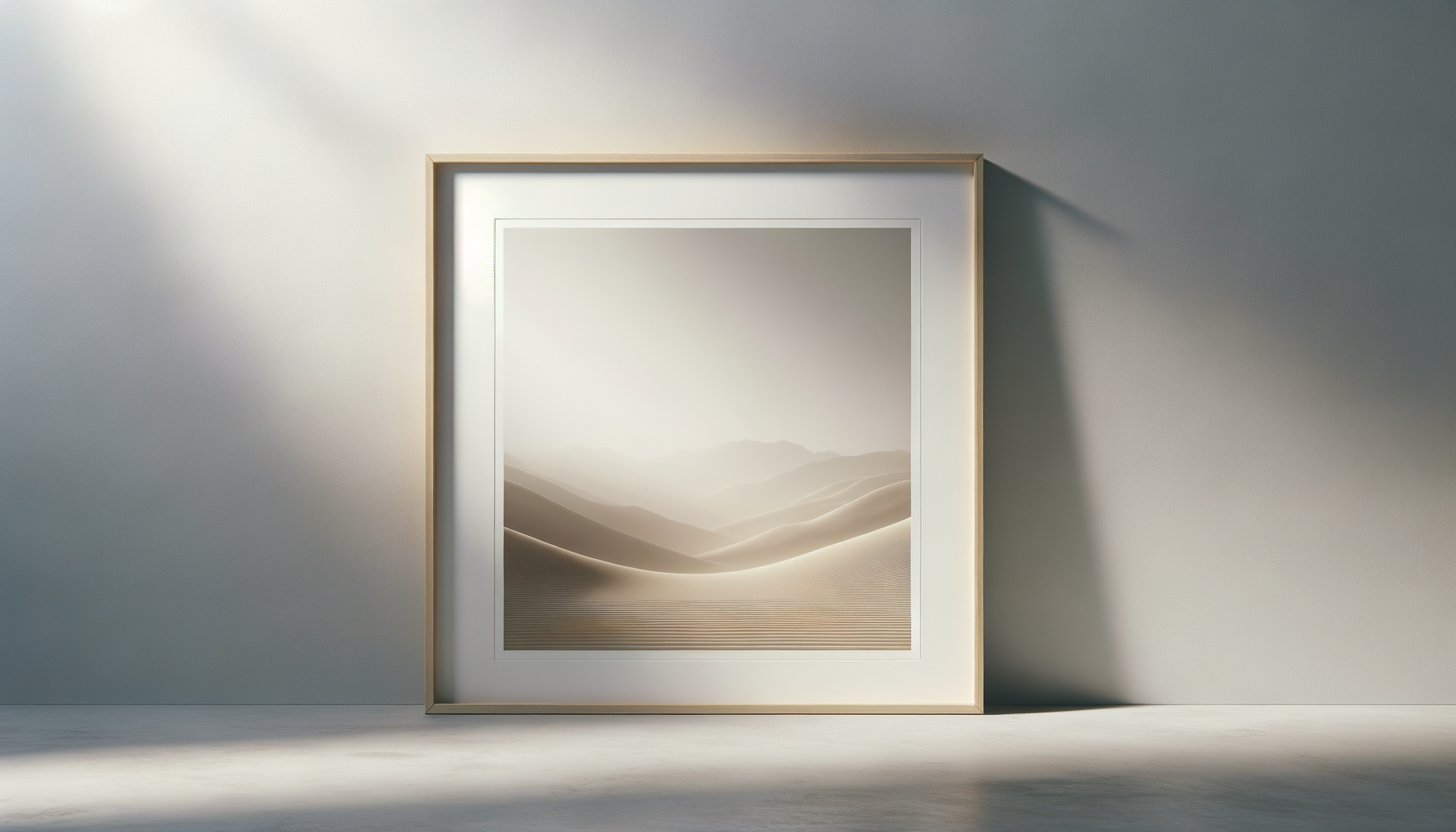 Framed digital artwork of sand dunes with misty mountains in the background, leaning against a plain wall with light casting shadows.