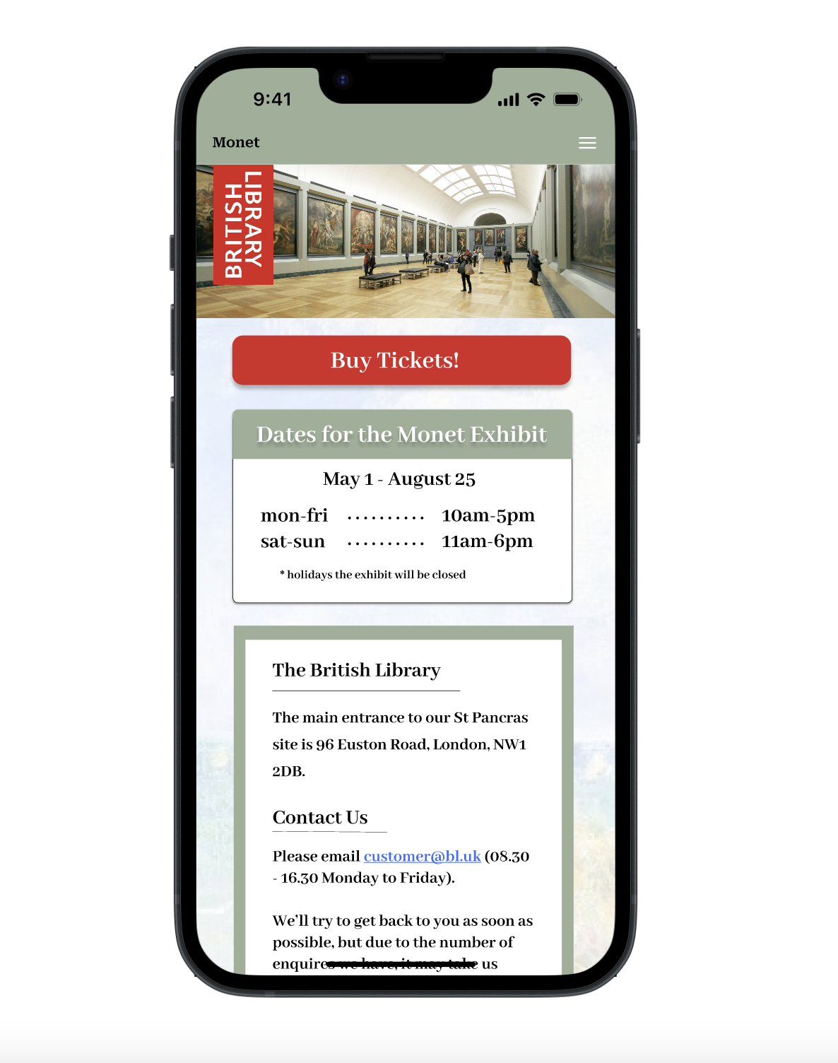 Screenshot of a mobile phone displaying a webpage for the British Library, showing exhibit dates, contact info, and a large red button to buy tickets with an interior view of a gallery with artwork. Claude Monet