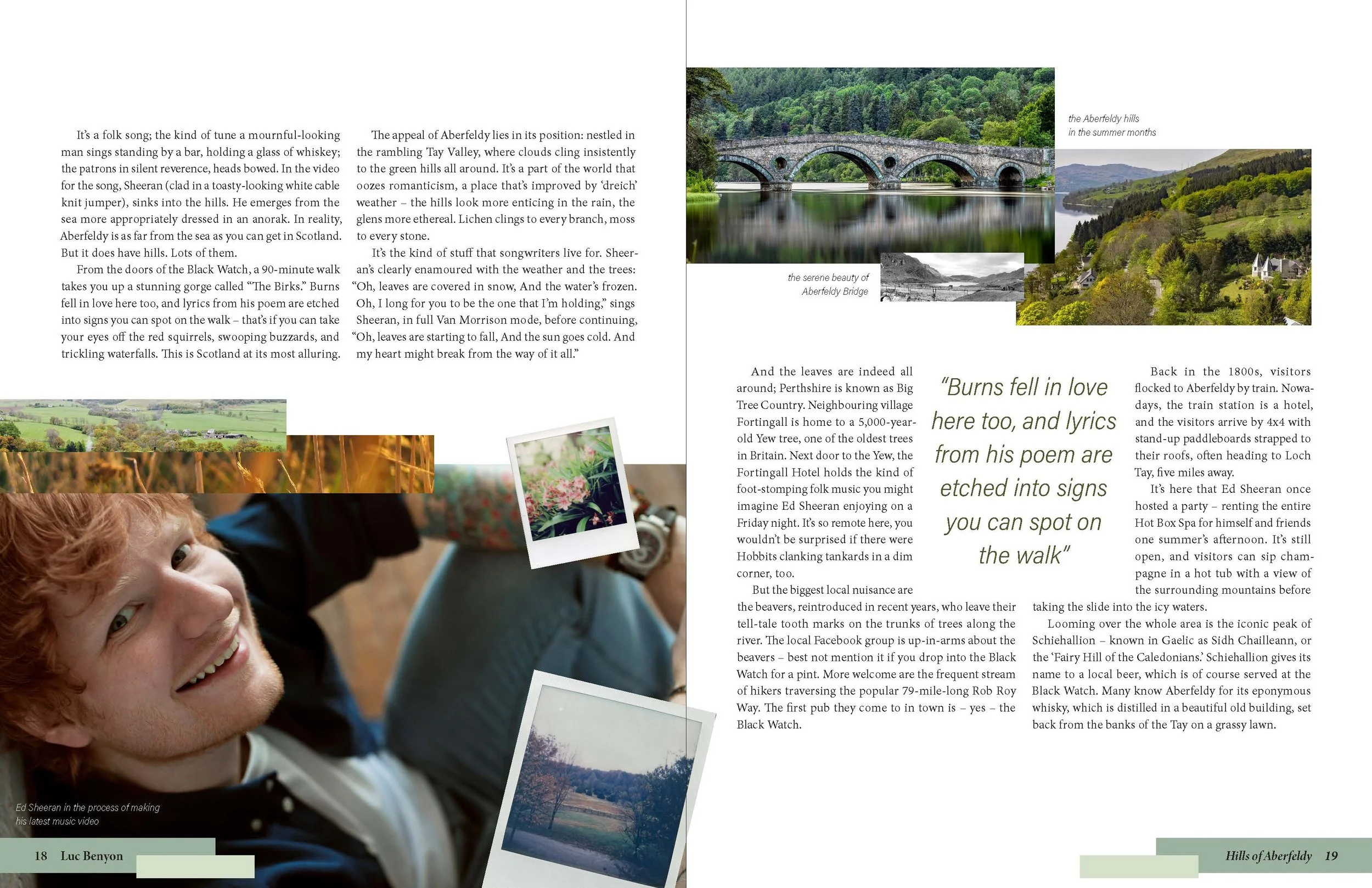 Open magazine spread featuring scenic photos of Aberfeldy hills and bridge, an Ed Sheeran portrait, and text about Aberfeldy and Ed Sheeran's song lyrics