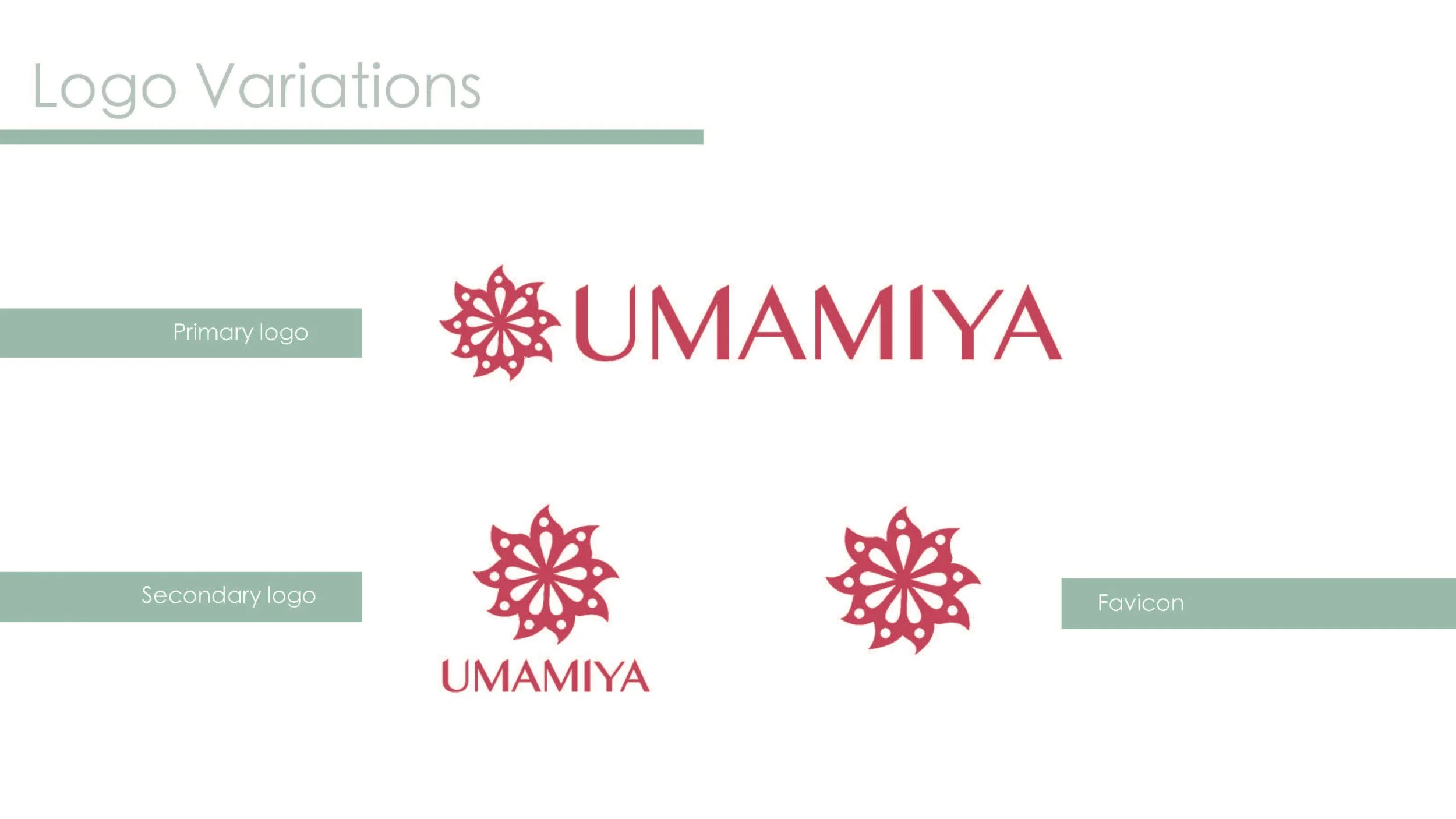 Presentation slide showing variations of the UMAMIYA logo, including the primary logo with a floral icon and text, a secondary logo with the icon and smaller text, and a favicon version with just the floral icon.