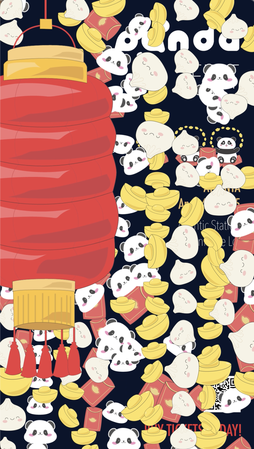 Pattern with pandas, gold ingots, red envelopes, and a red lantern on a dark background, celebrating Chinese New Year. Panda Fest Atlanta