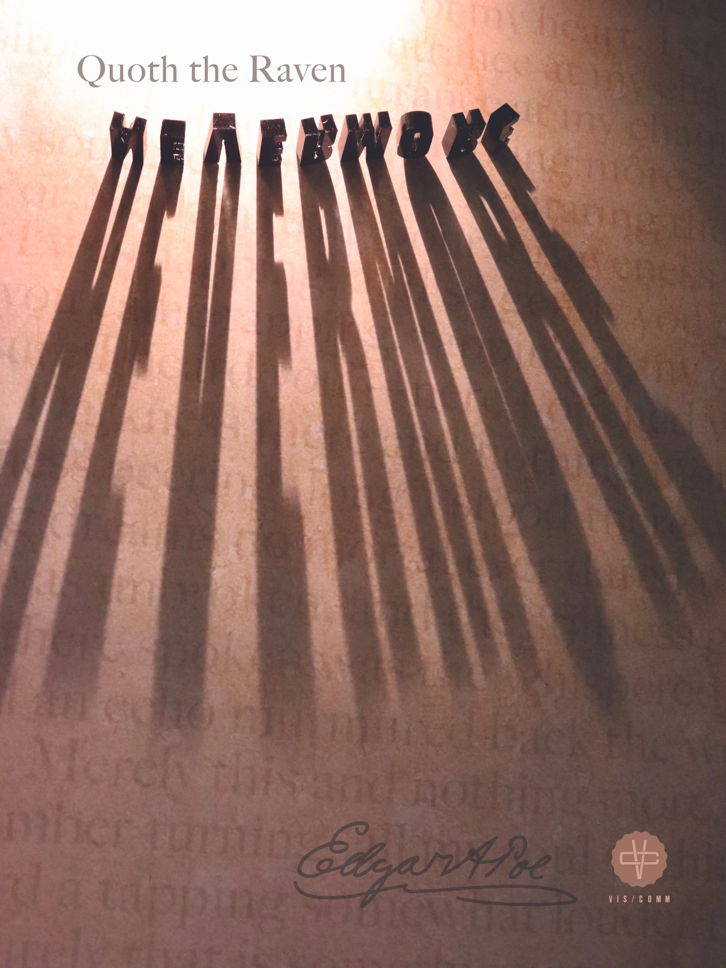 Book cover titled 'Quoth the Raven' with shadow of the word 'RAVEN' cast on a textured background. The author's name, Edgar Allan Poe, is at the bottom, alongside a publisher's logo.