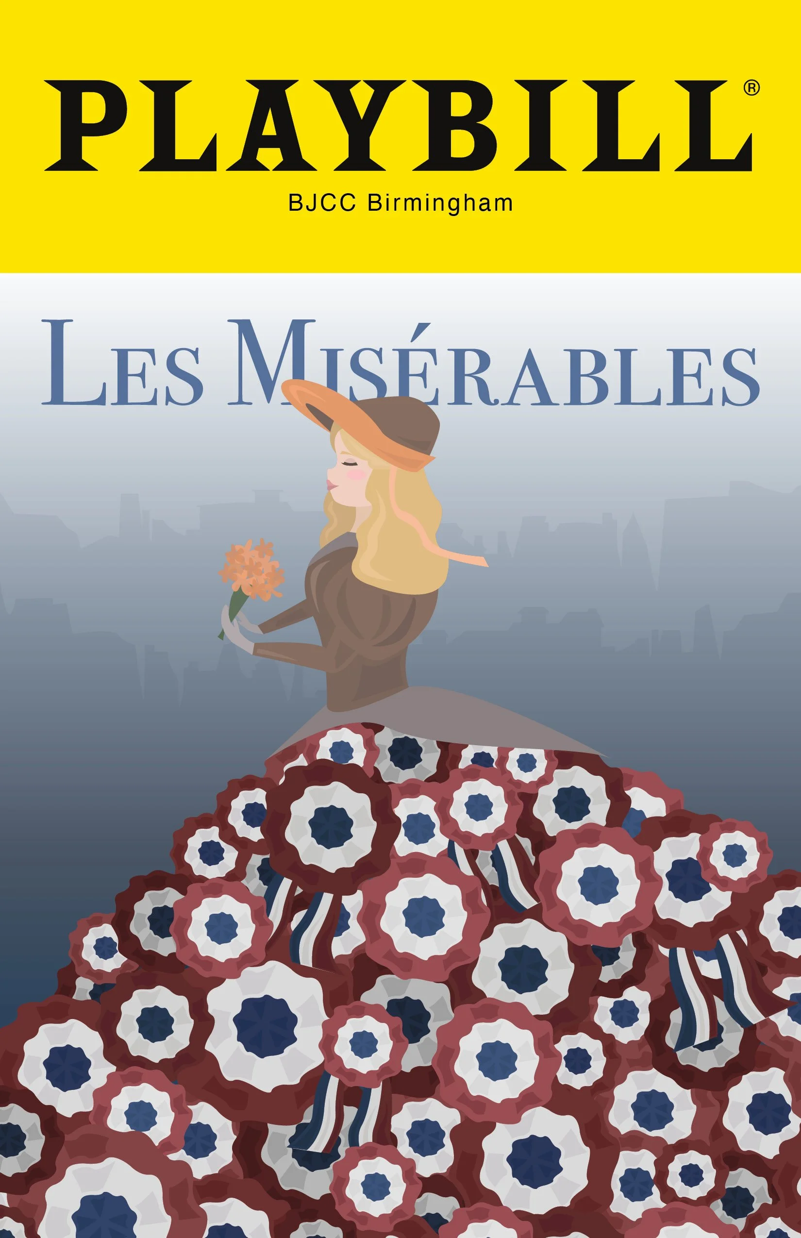 Playbill cover for Les Misérables with an illustration of Cosette in period costume holding a bouquet of flowers and standing on a large pile of red, white, and blue flowers.