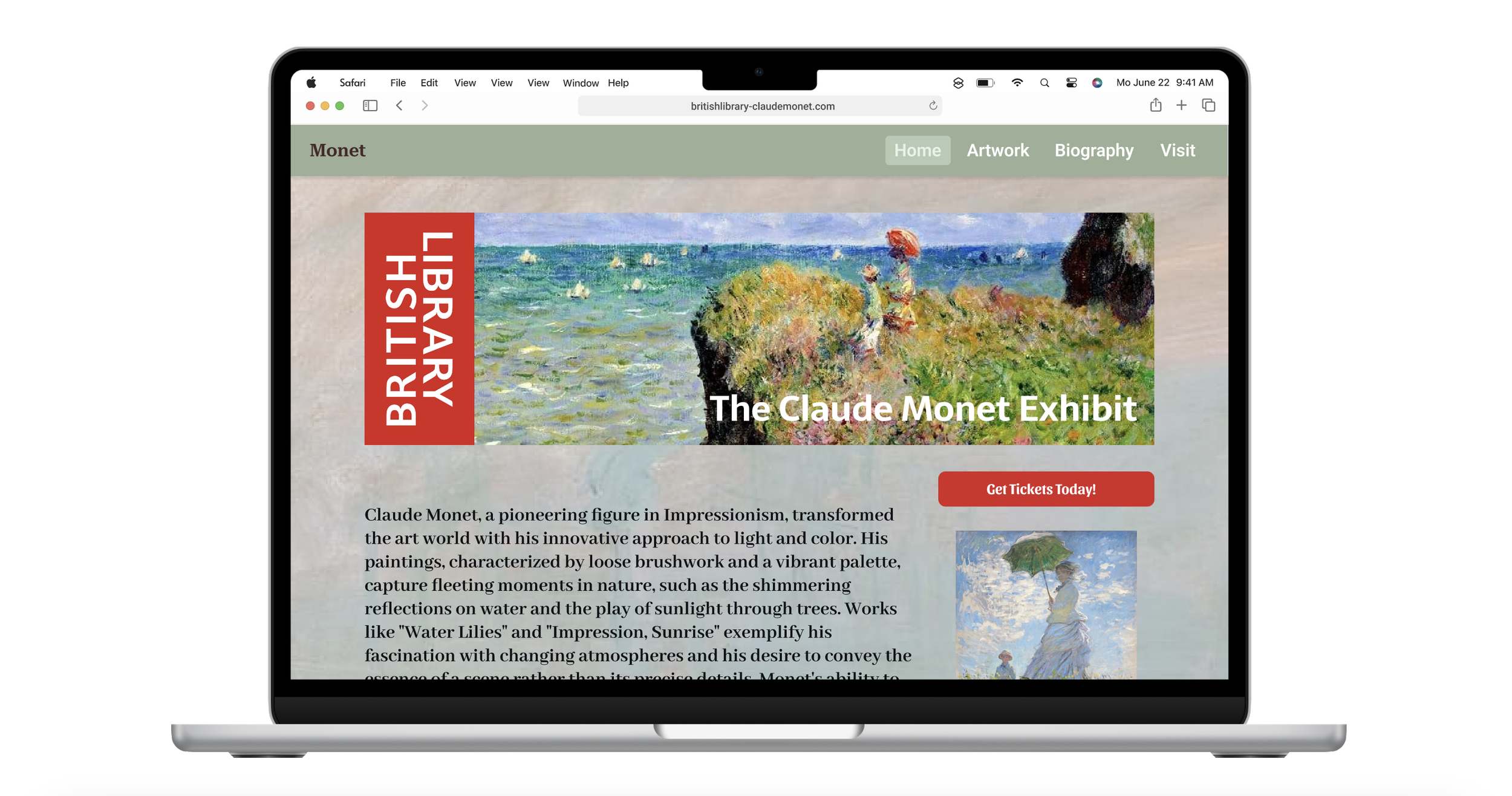 Website displaying information about the Claude Monet exhibit at the British Library, featuring a painting of a seaside scene with two women under umbrellas, a red "Get Tickets Today!" button, and navigation links labeled Home, Artwork, Biography, and Visit.