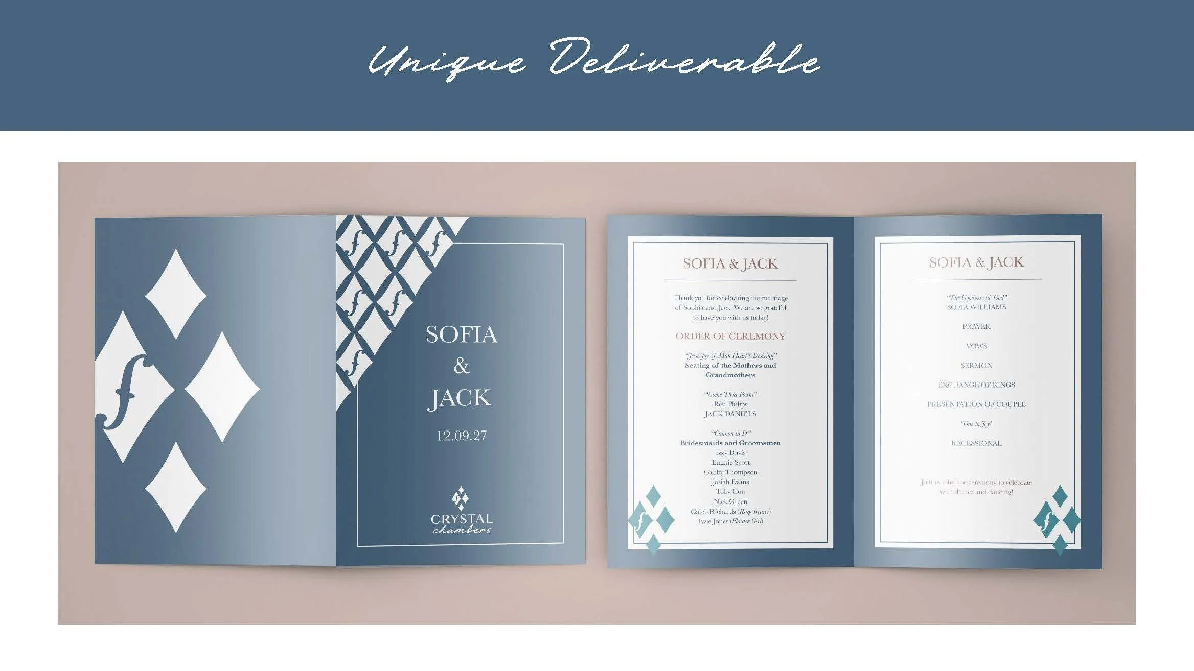 Wedding program featuring a navy blue and pink color scheme, with the names Sofia and Jack, wedding date, and ceremony details inside. Crystal Chambers