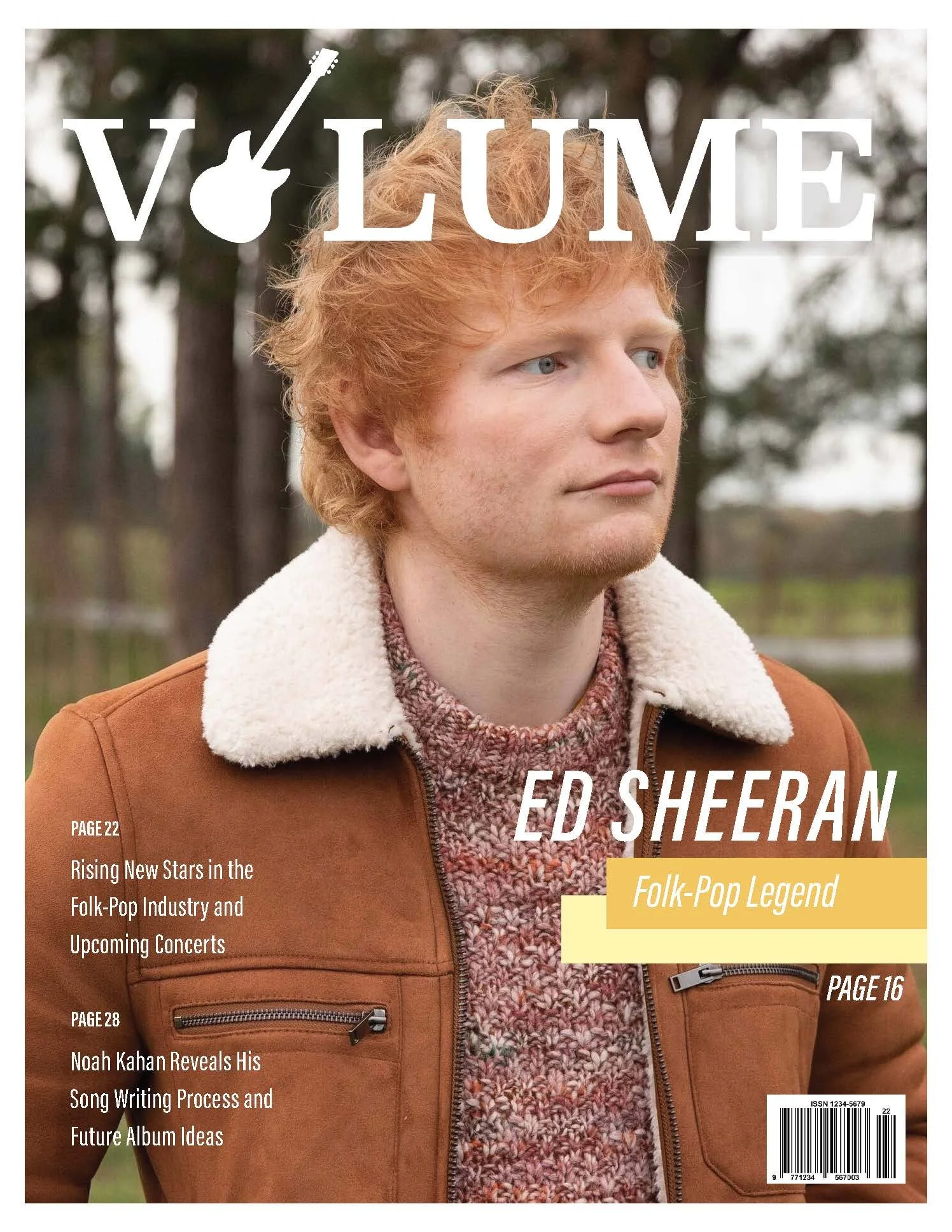 Magazine cover featuring Ed Sheeran, a folk-pop music legend, outdoors with trees in the background, wearing a brown jacket with a shearling collar and a patterned sweater.