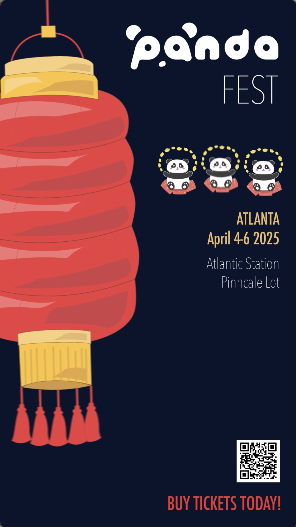 Promotional poster for Panda Fest 2025 in Atlanta, Georgia, April 4-6, 2025, at Atlantic Station Pinnacle Lot. Features a large red Chinese lantern and three cartoon pandas with halo-like decorations, with event details and a QR code.