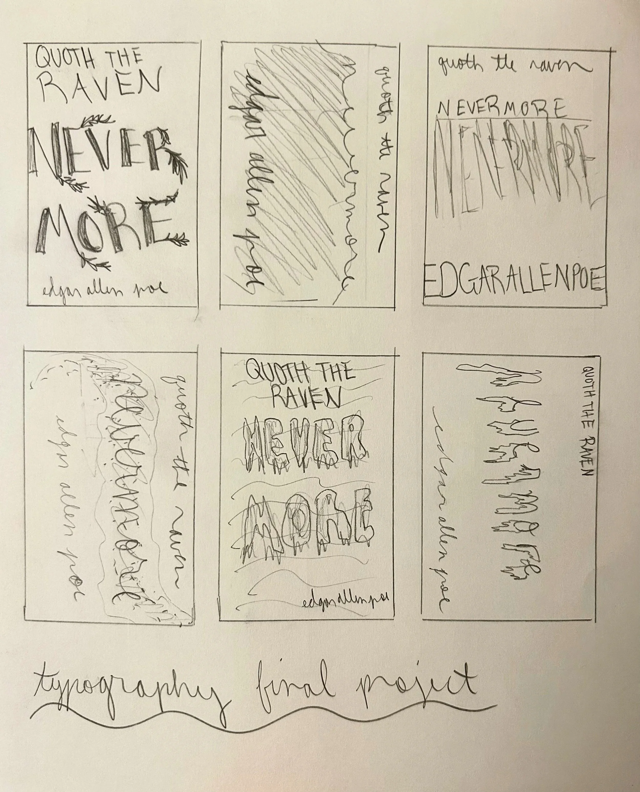A sketch of six different typography designs for the phrase "Quoth the Raven" and "Nevermore," with various handwritten styles and decorations, labeled as 'typography final project'.