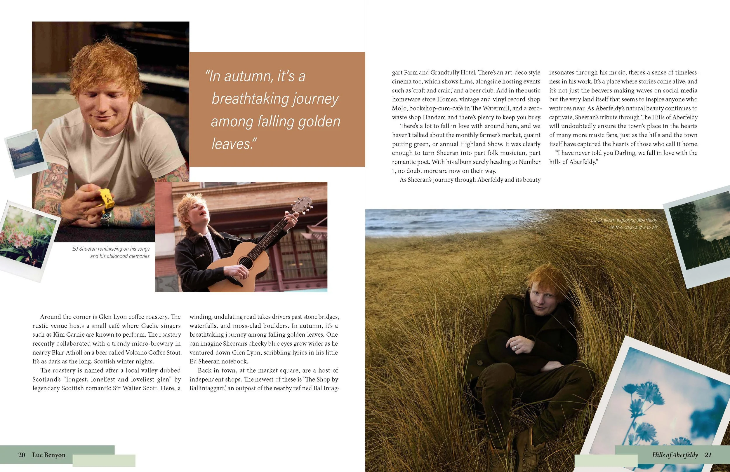 Two-page magazine spread about Ed Sheeran's journey through Aberfeldy, featuring photos of Ed Sheeran playing guitar, reminiscing, and relaxing in nature, with quotes and descriptive text about his experience in autumn.