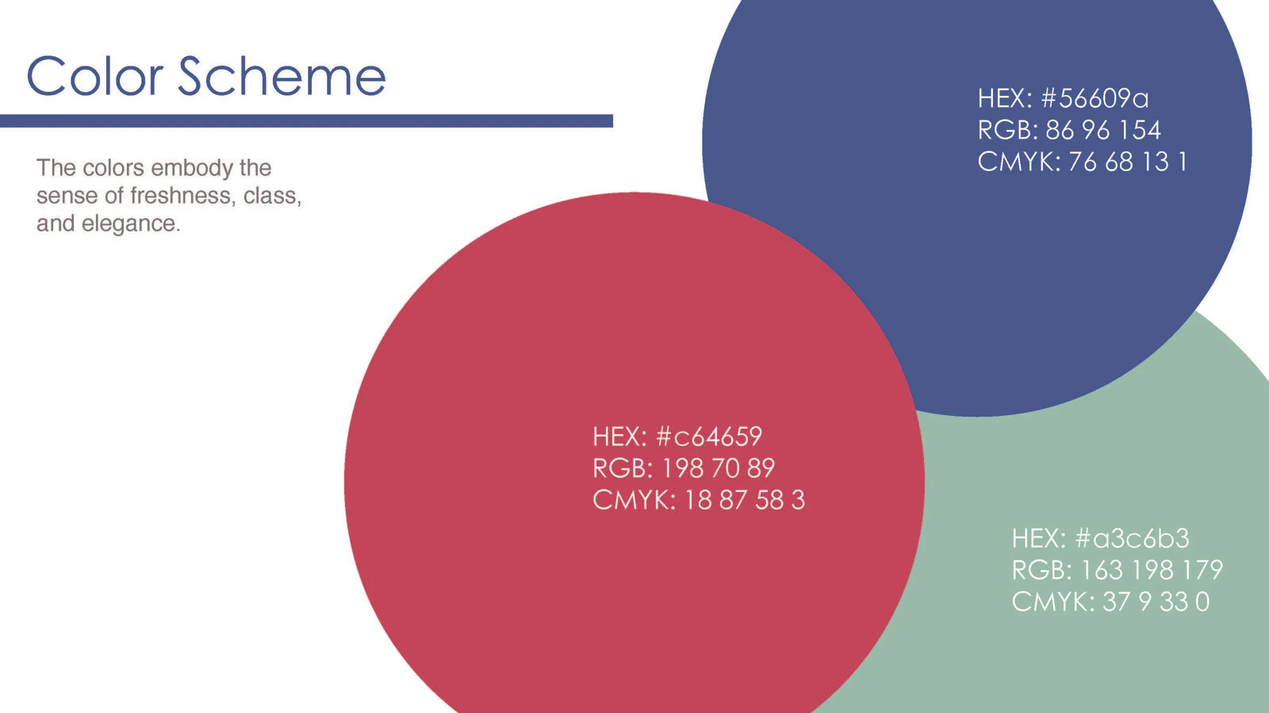 A color scheme chart featuring three overlapping circles with hex, RGB, and CMYK color codes for Umamiya.. Text on the left describes the colors as embodying freshness, class, and elegance