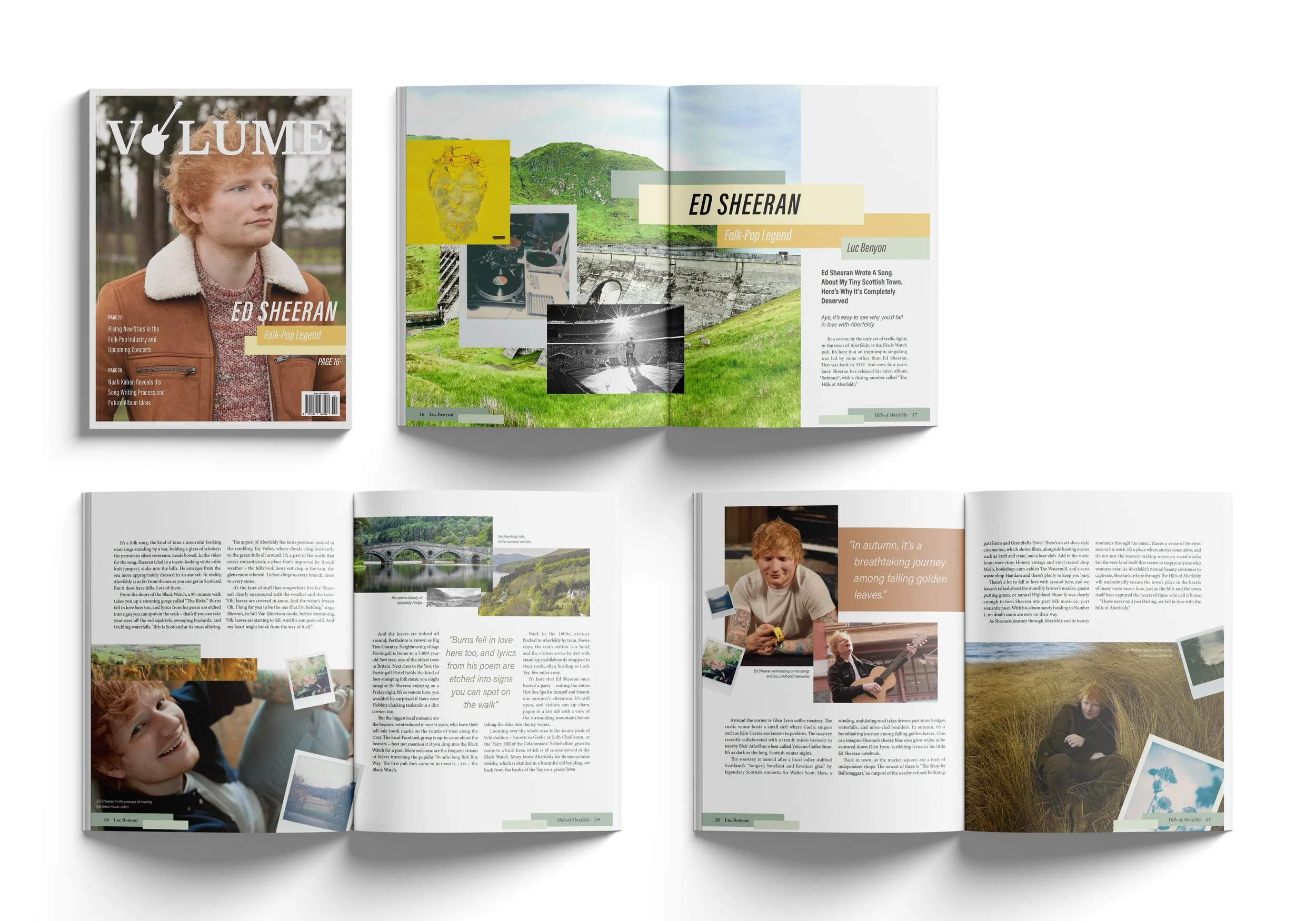 Open magazine spread featuring Ed Sheeran, with images of landscapes, a bridge, white and sepia-toned photos, and two pictures of Ed Sheeran playing guitar and smiling.