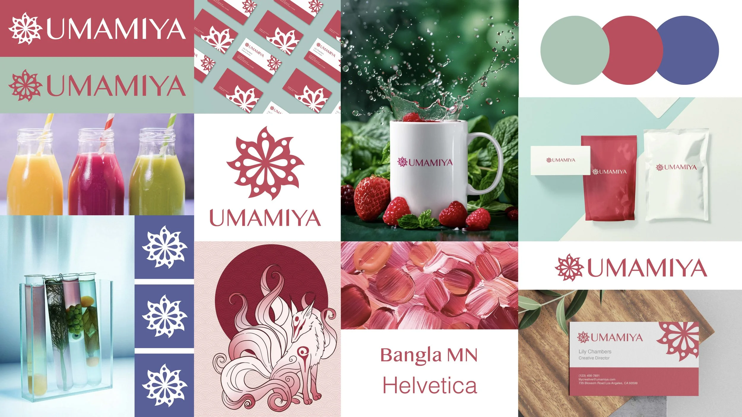 Collage of branding, packaging, and product images for UMAMIYA, including a logo, business cards, sachets, fruit drinks, a mug with berries, and color palette samples.