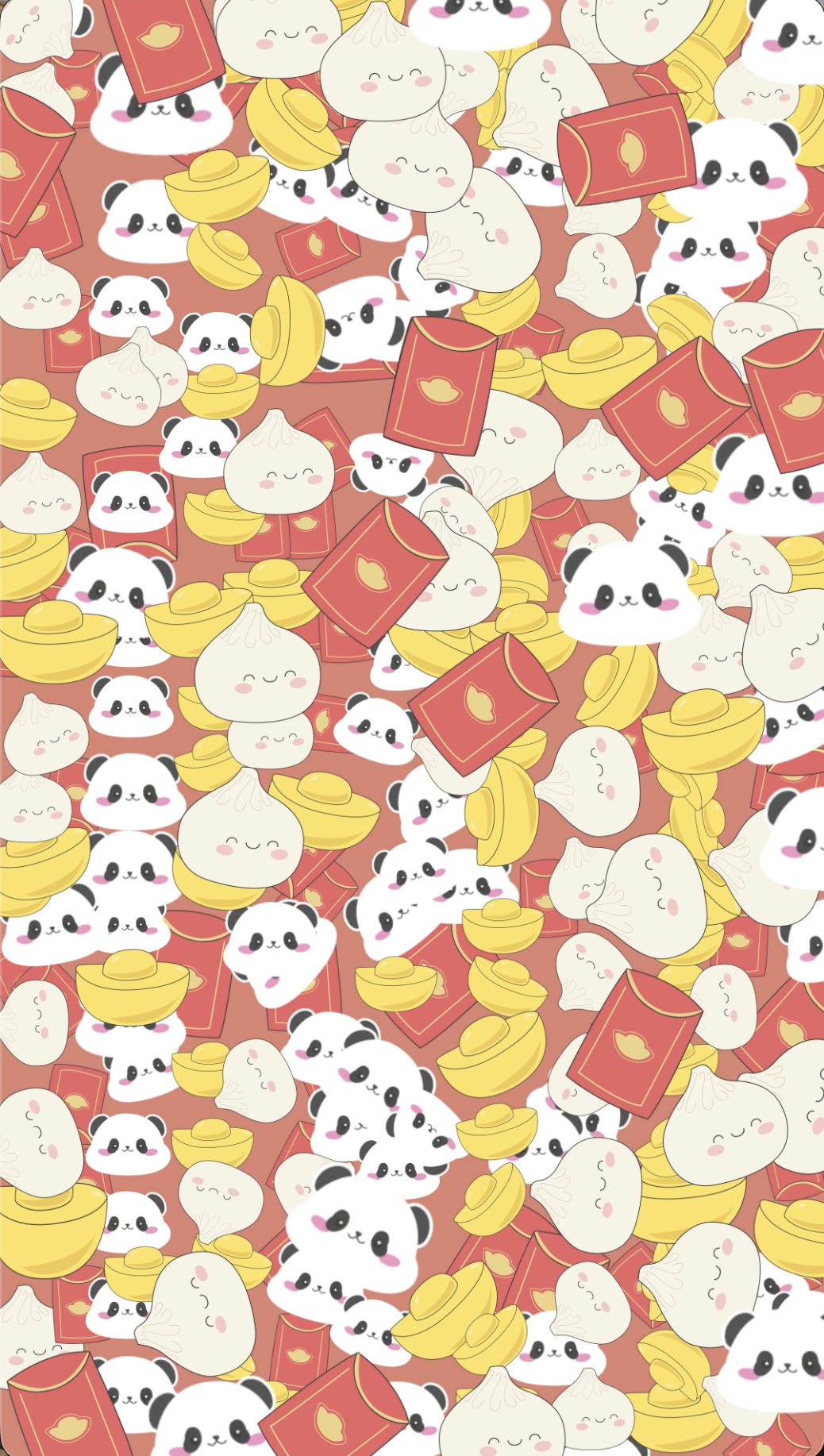 A colorful pattern with cute panda faces, yellow money gold ingots, red envelopes, and dumplings, all with smiling and blushing expressions. Panda Fest Atlanta