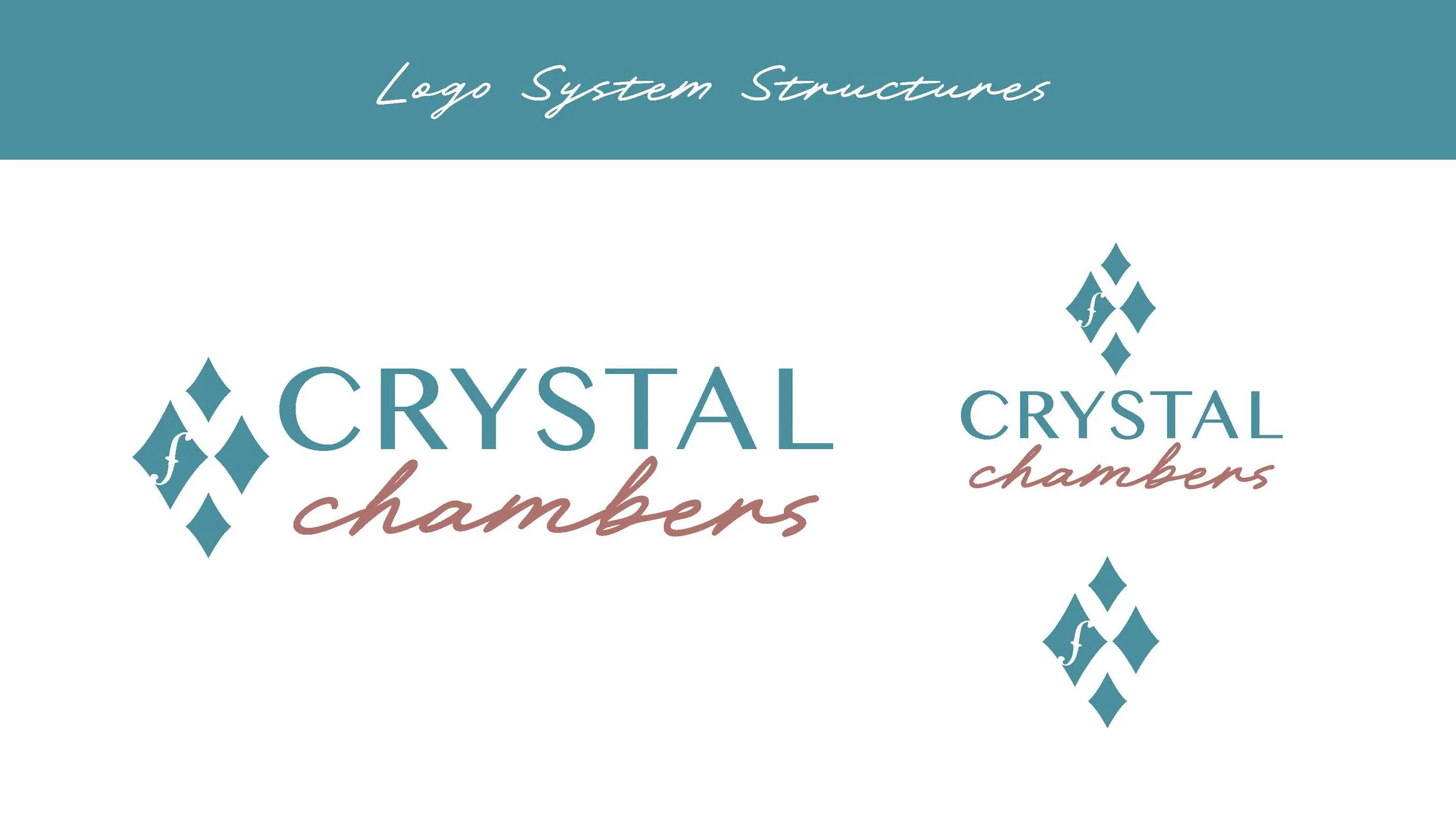 Logo design for Crystal Chambers featuring the name 'CRYSTAL chambers' with a diamond-shaped gemstone icon in teal and the word 'chambers' in cursive pink-brown script, and a header titled 'Logo System Structures' in white cursive text on a teal background.