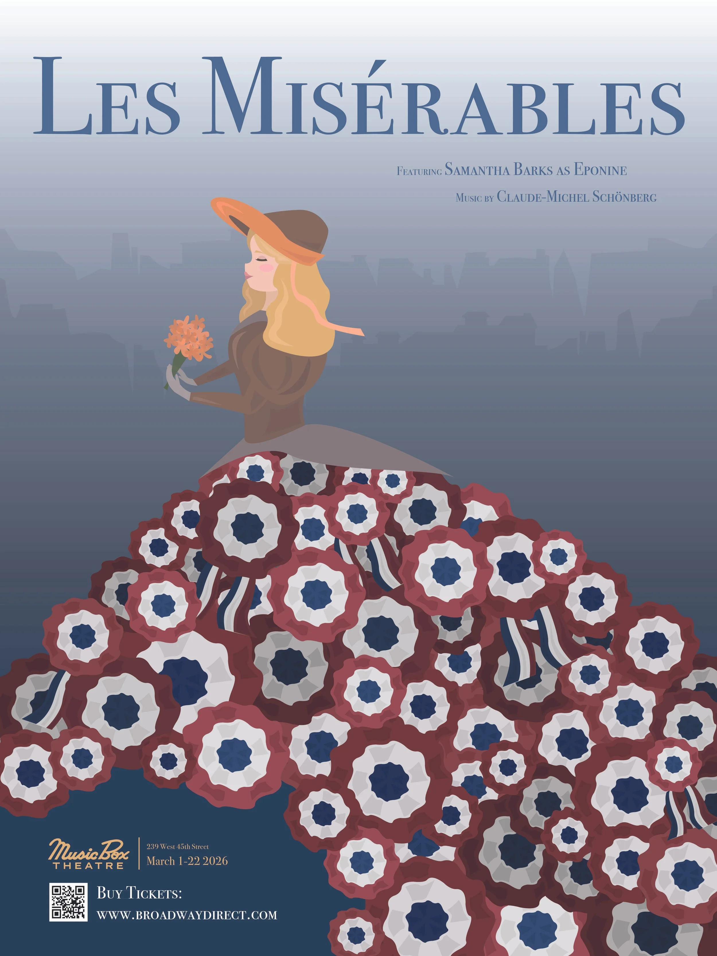 Poster for the musical Les Misérables featuring a woman Cosette in a period costume and wide-brimmed hat, holding flowers, with a backdrop of flowers and a city skyline. Cockades
