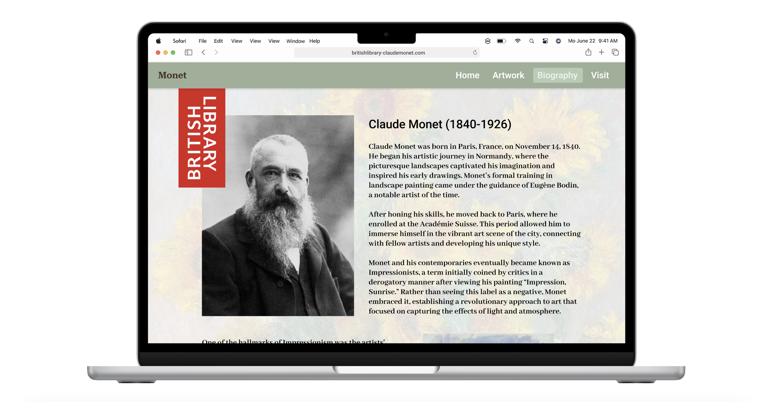 Laptop screen displaying a webpage about Claude Monet, showing a black and white photograph of Monet with his beard, along with biographical text and a red sidebar label reading "British Library".