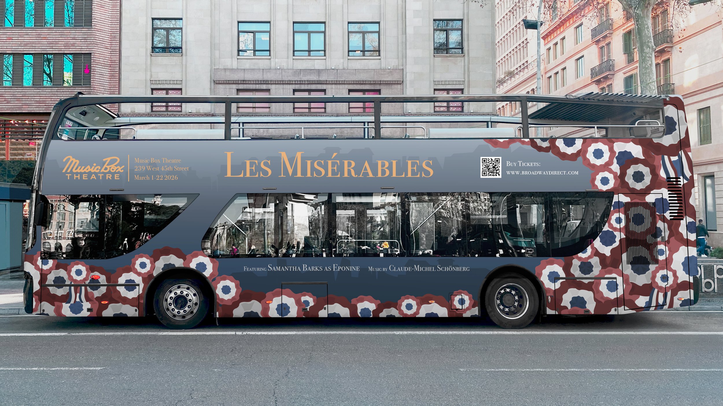 Double-decker bus advertising a musical production of Les Misérables. The bus features floral patterns in red, white, and blue, with text promoting the show at Music Box Theatre in New York City, including date and ticket information.