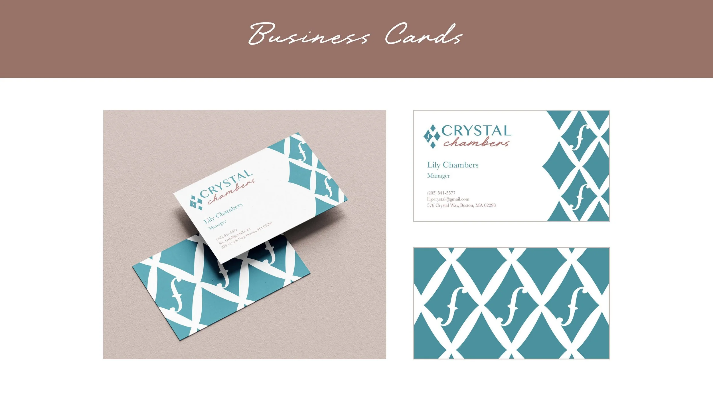 Business cards for Crystal Chambers featuring a teal and white geometric pattern and the name Lily Chambers, manager, with contact information.