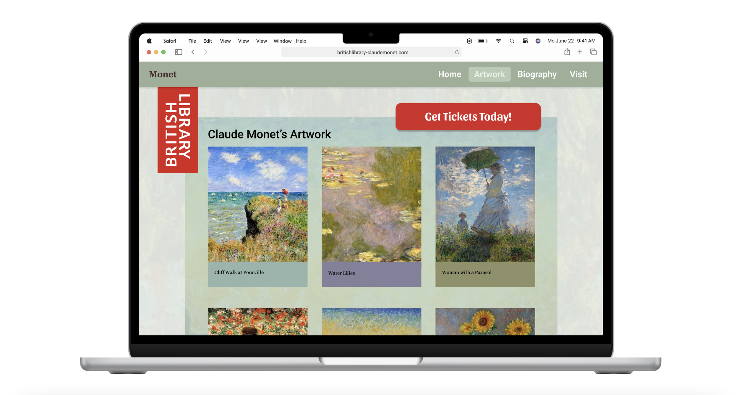 Screenshot of a webpage featuring Claude Monet's artwork, with three paintings visible: Cliff Walk at Pourville, Water Lilies, and Woman with a Parasol, a red button labeled 'Get Tickets Today!,' and a vertical red banner on the left that reads 'BRITISH LIBRARY.'