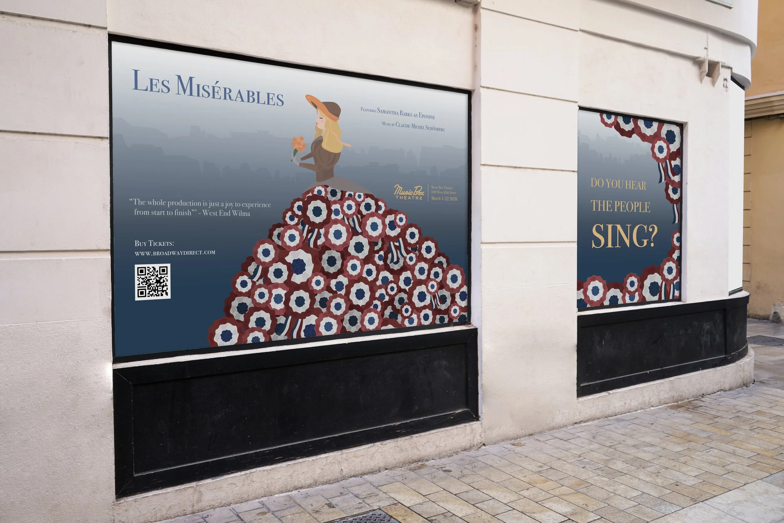 Two theater posters on a building wall promoting 'Les Misérables' with an illustrated version of Cosette in a dress made of flowers, and a question 'Do you hear the people sing?' along with QR code and ticket information.