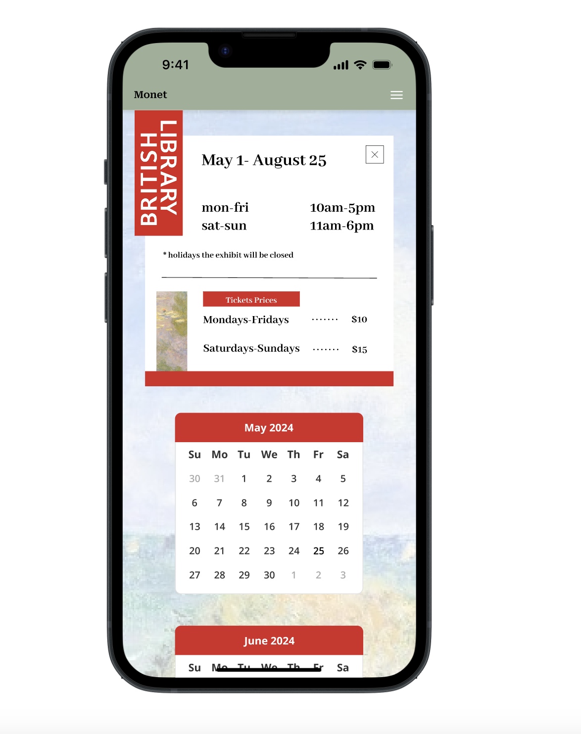 Mobile phone screen showing a digital exhibit calendar for a library, including hours, ticket prices, and a monthly calendar for May 2024. Claude Monet