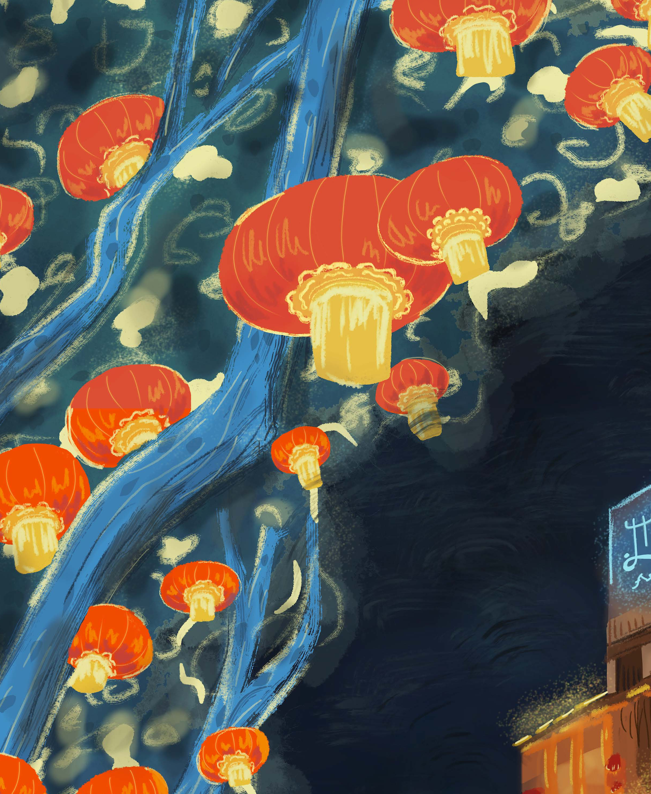Illustration of red lanterns hanging from blue tree branches during nighttime, with a building illuminated in the background. Hongyadong, China, Chongqing