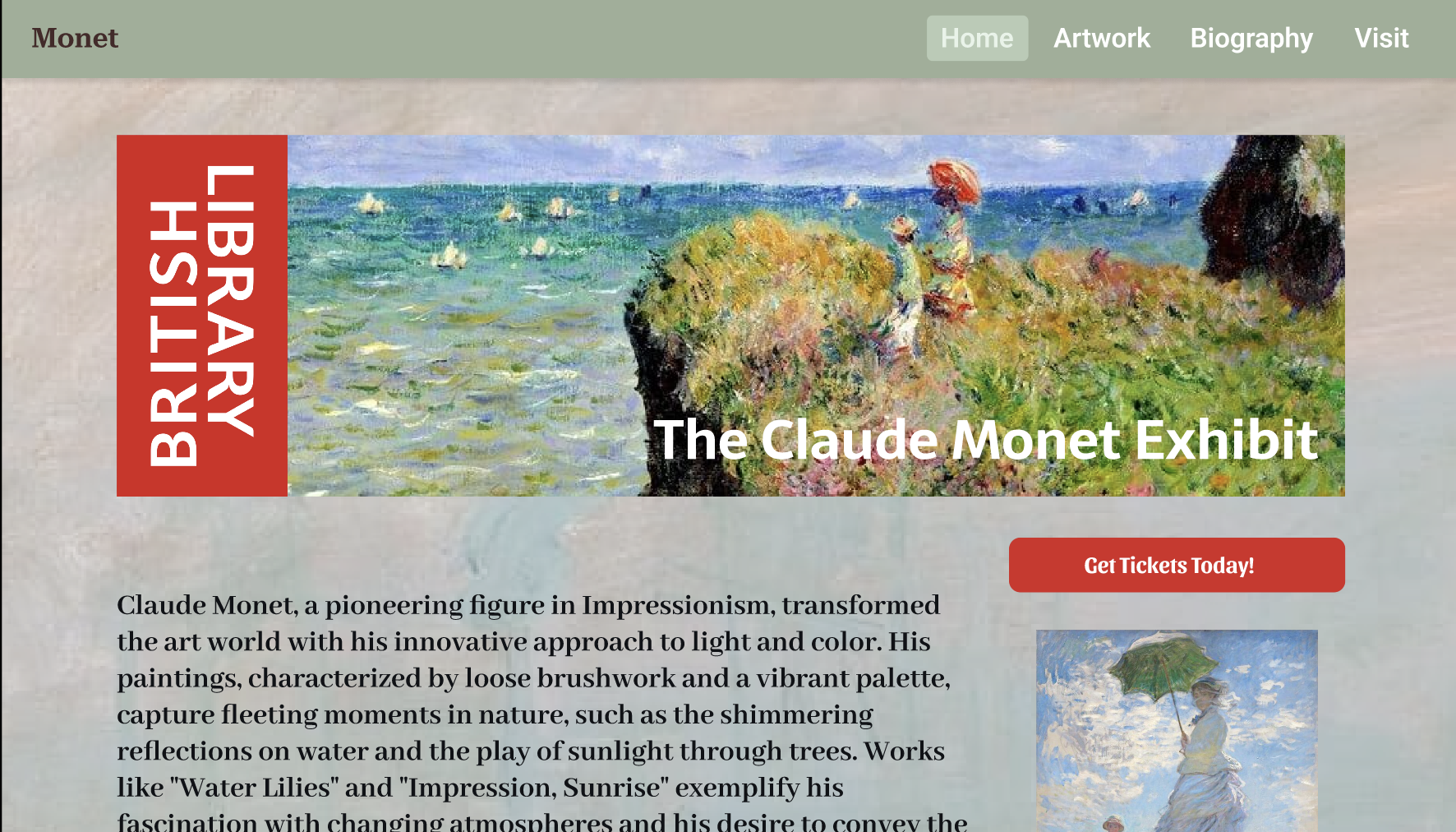 Gallery webpage showcasing Claude Monet's art exhibit with a painting of the water and boats, and a woman with an umbrella.