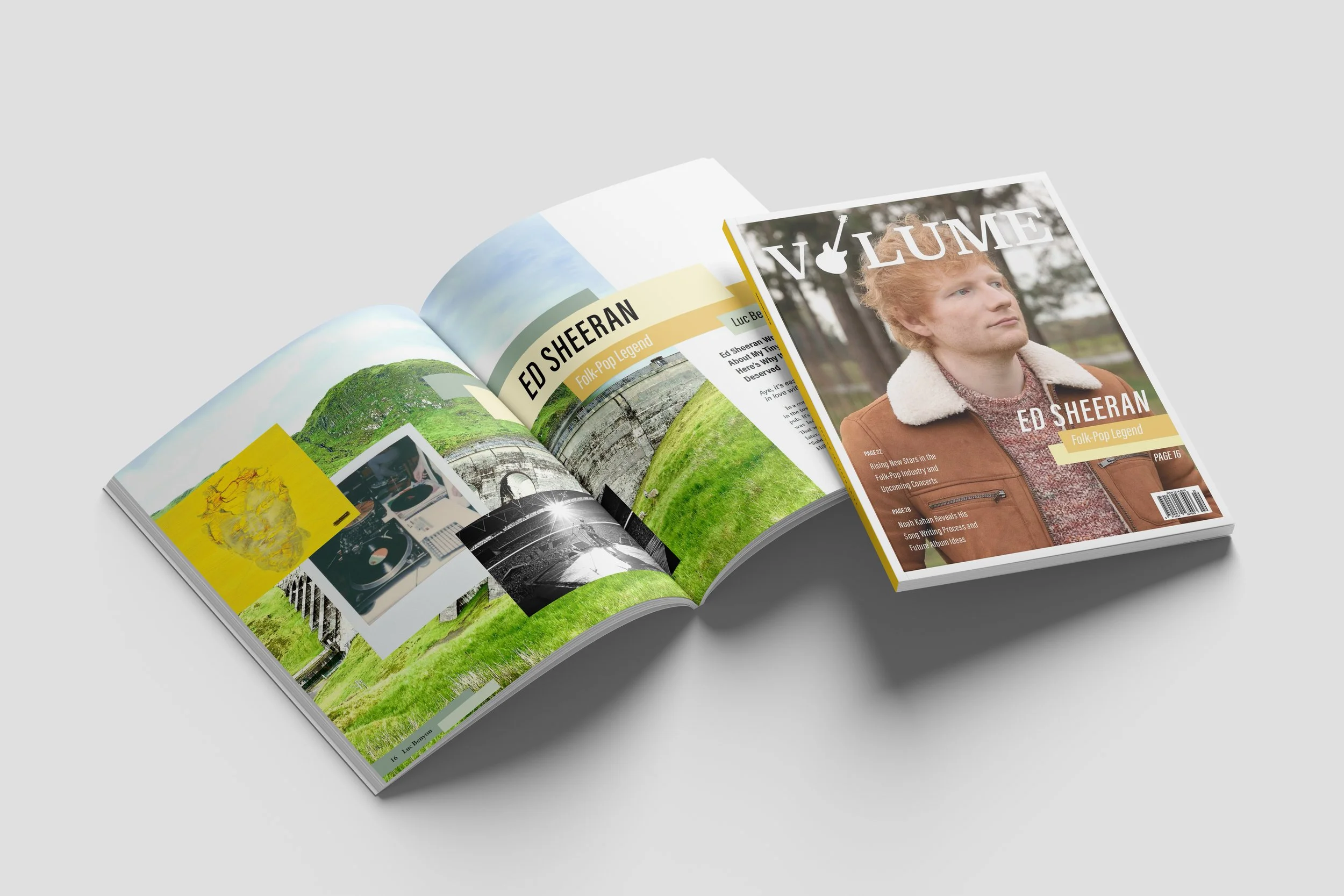 A magazine featuring Ed Sheeran on the cover, with inside pages showing images of greenery, a bridge, and music equipment.