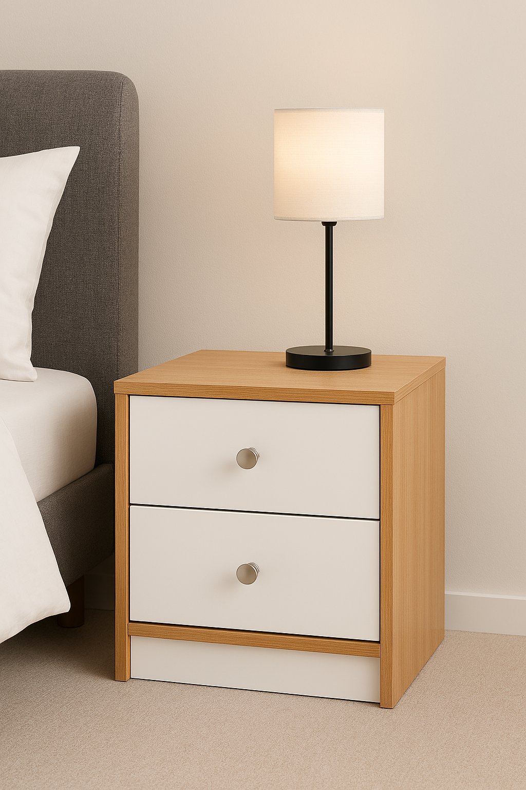 Nachttisch mit zwei Schubladen aus Holz und weißen Fronten, mit einem schwarzen Tischlampen auf der Oberfläche, neben einem Bett mit grauem Kopfteil und weißen Bettwäsche, vor einer weißen Wand.