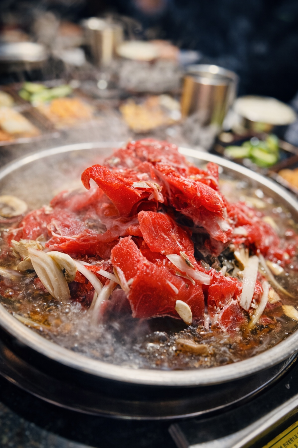 Marinated meat (korean traditional style bulgogi) and vegetables cooking in a sizzling hot pot with broth.
