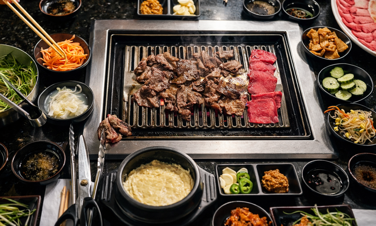 Korean barbecue grill with slices of beef and pork, surrounded by various dipping sauces, vegetables, and side dishes on a black charcoal grill.