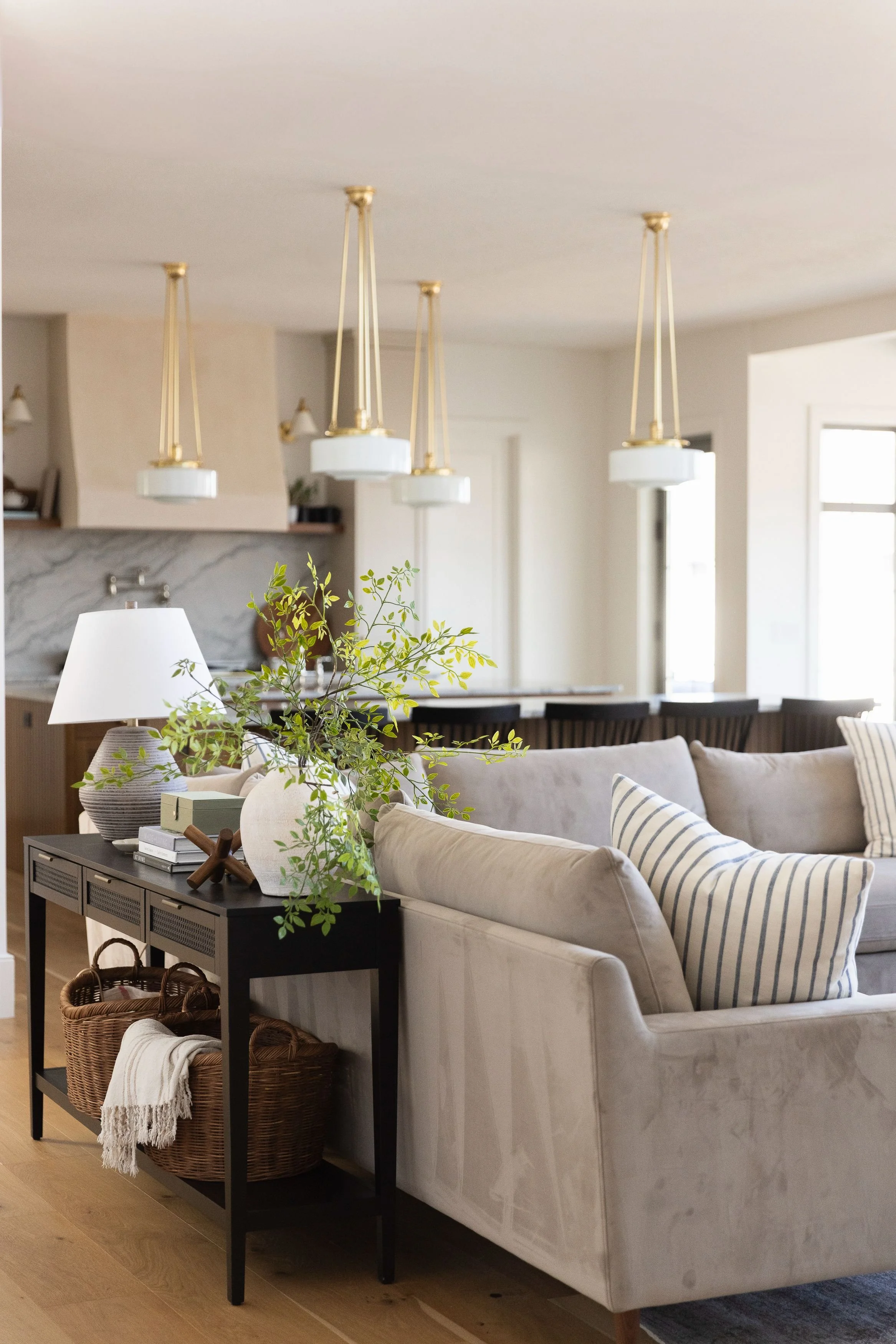 Beautifully styled West Michigan living room representing homes for sale in Holland Michigan through Klompmaker and Co.