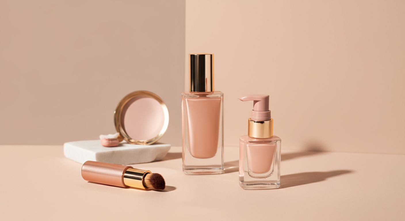 Arrangement of pink makeup bottles, a small mirror, and a makeup brush on a neutral background.