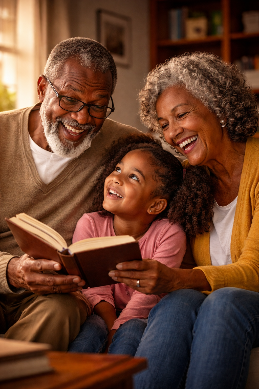An elderly couple and a young girl are sitting together indoors, looking at a book and smiling.