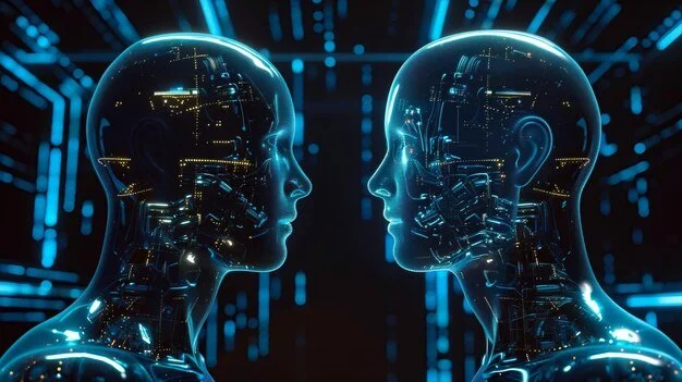 Digital rendering of two human-like figures facing each other, with glowing circuits and neural connections inside their heads, representing artificial intelligence or advanced technology.