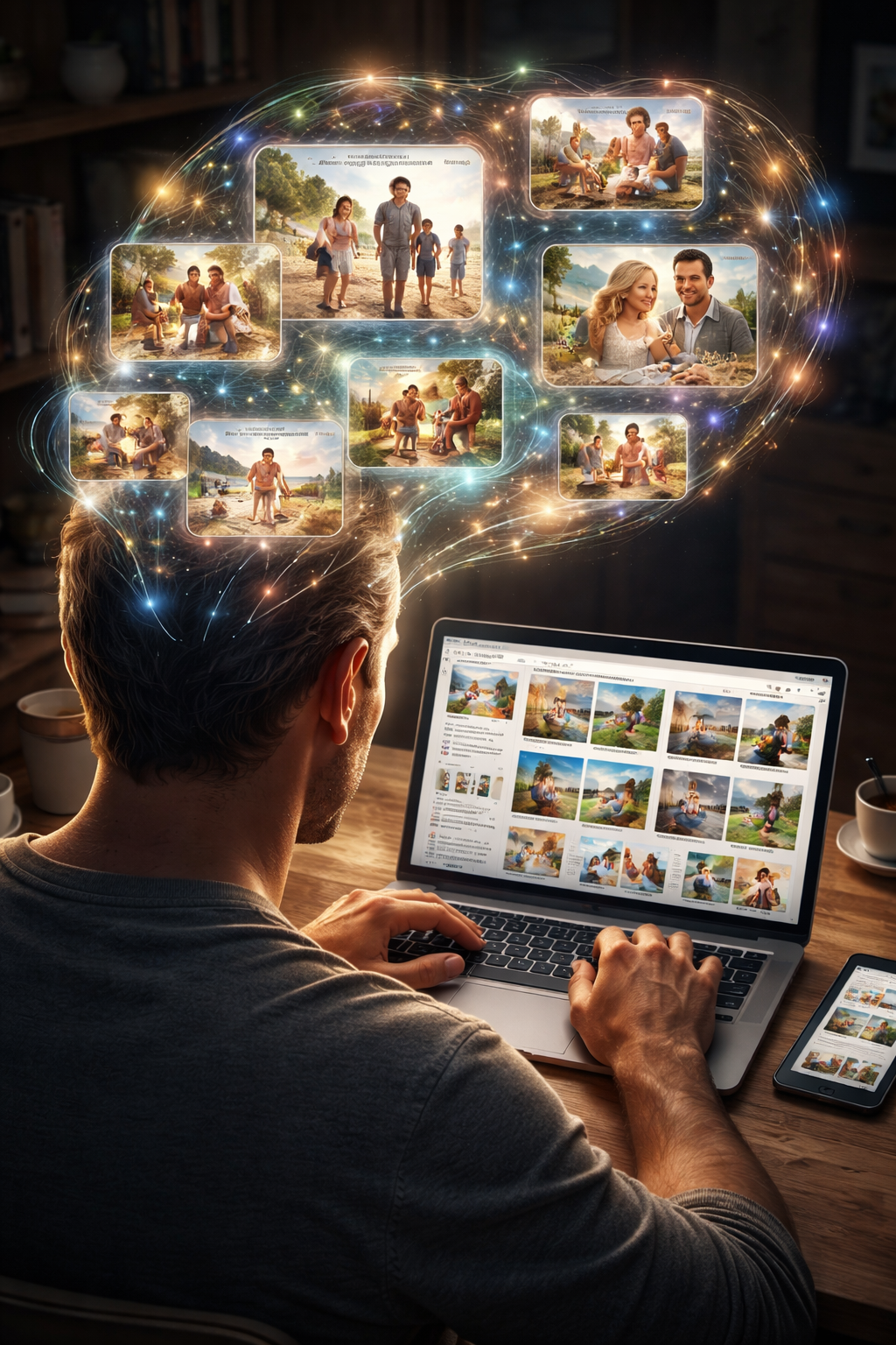 A man is sitting at a wooden table, browsing photos on a laptop and a smartphone. A digital collage of family vacation pictures, including outdoor scenes with people walking, sitting, and enjoying nature, appears above his head with swirling light effects.
