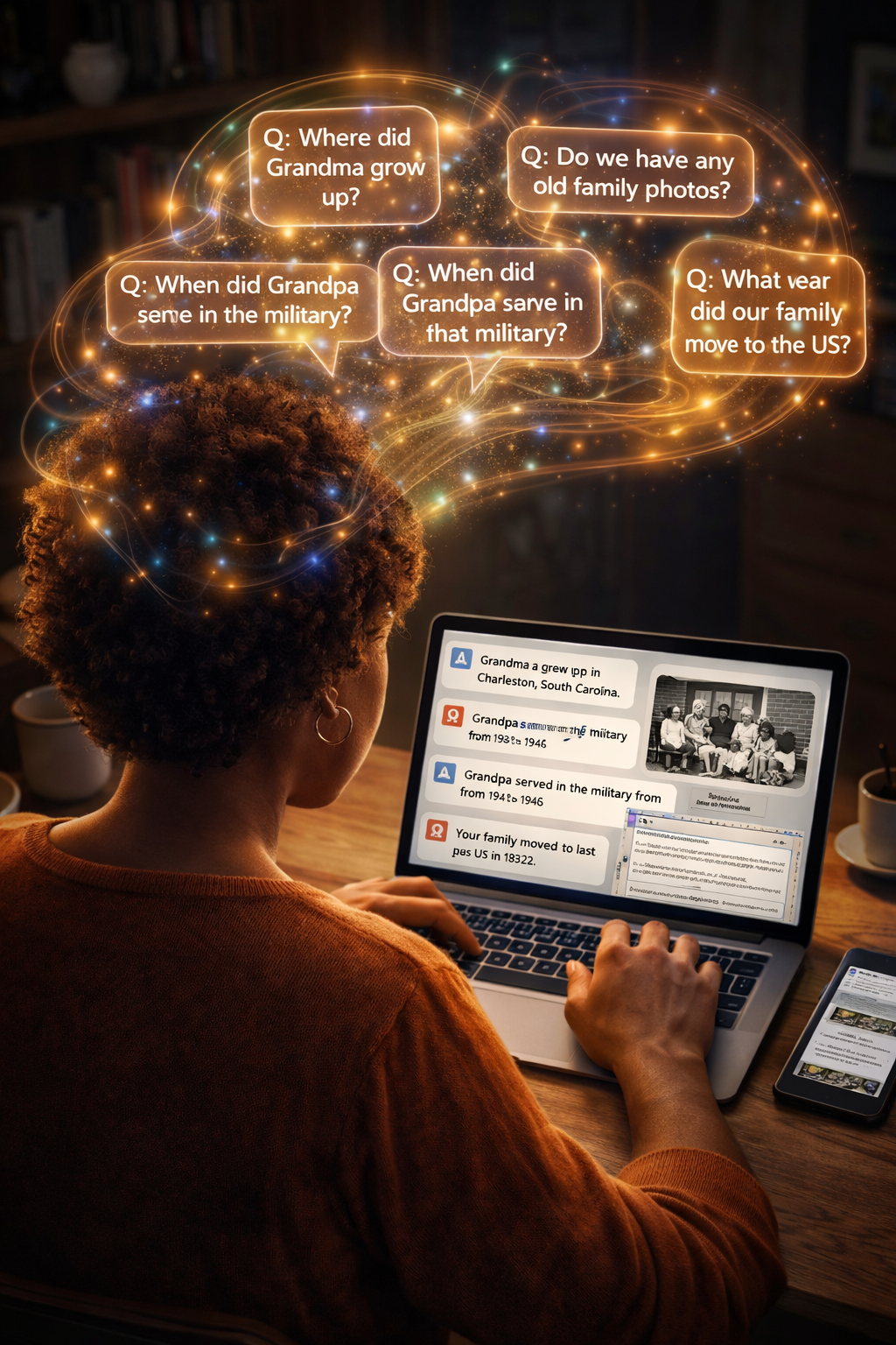 A woman with curly hair sitting at a desk using a laptop and smartphone, with illuminated speech bubbles showing questions about family history and military service, and a screen displaying family history research notes and old family photos.